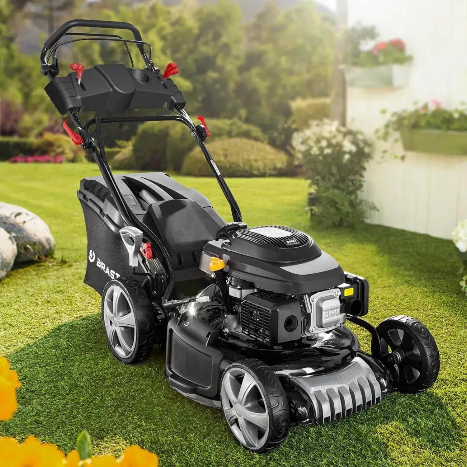 BRAST Benzin-Rasenmäher 7PS mit Elektrostart, 48cm Schnittbreite, TÜV-geprüft, 4-Takt-Motor, 60L Grasfangkorb