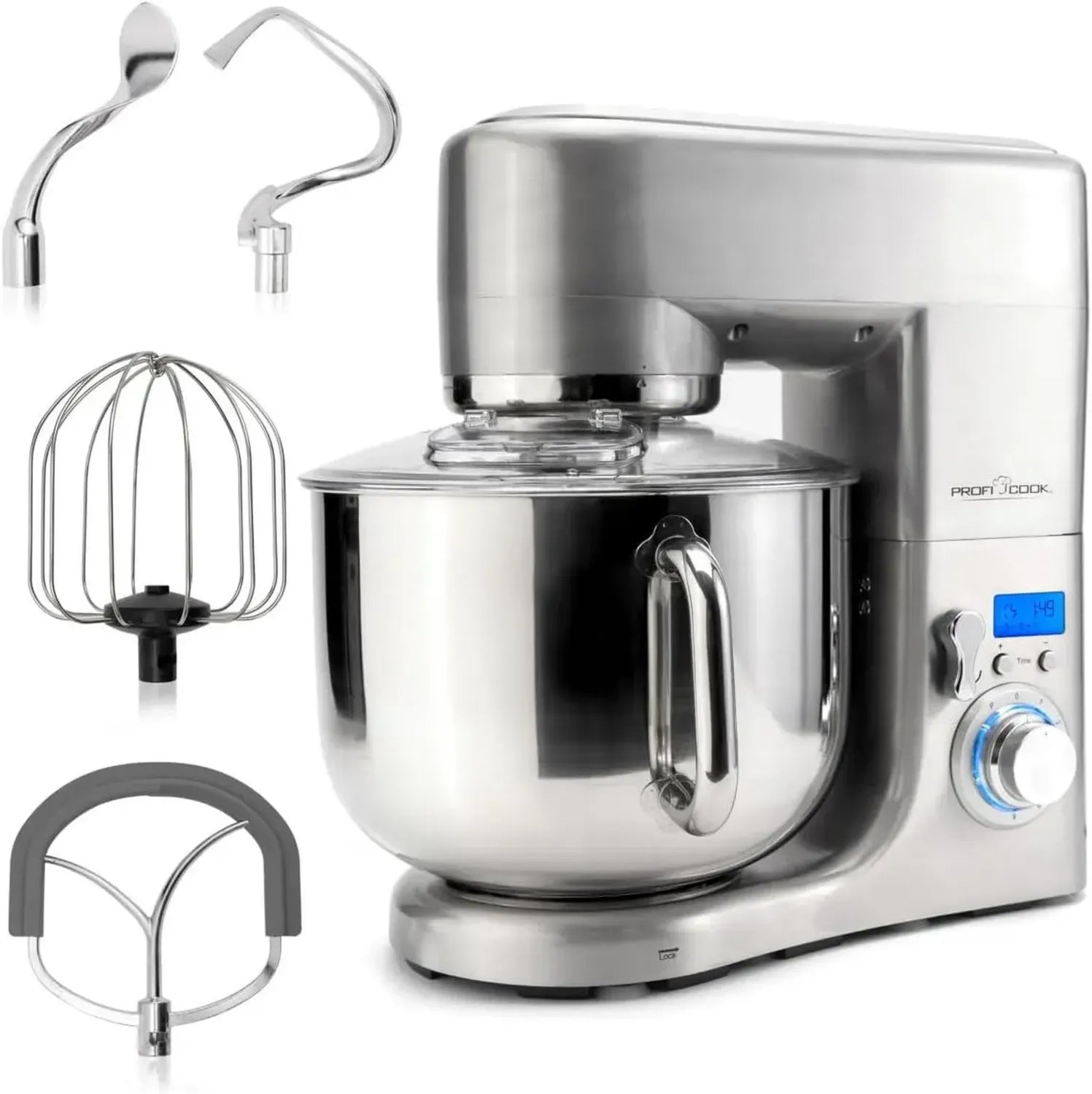 ProfiCook Küchenmaschine 10L mit 1500W, Edelstahl, inkl. Zubehör und Spritzschutz