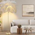 Moderne Stehlampe mit Straußenfedern, 160cm Goldene Lampe, 3-farbig Dimmbar, Weißer Federschirm