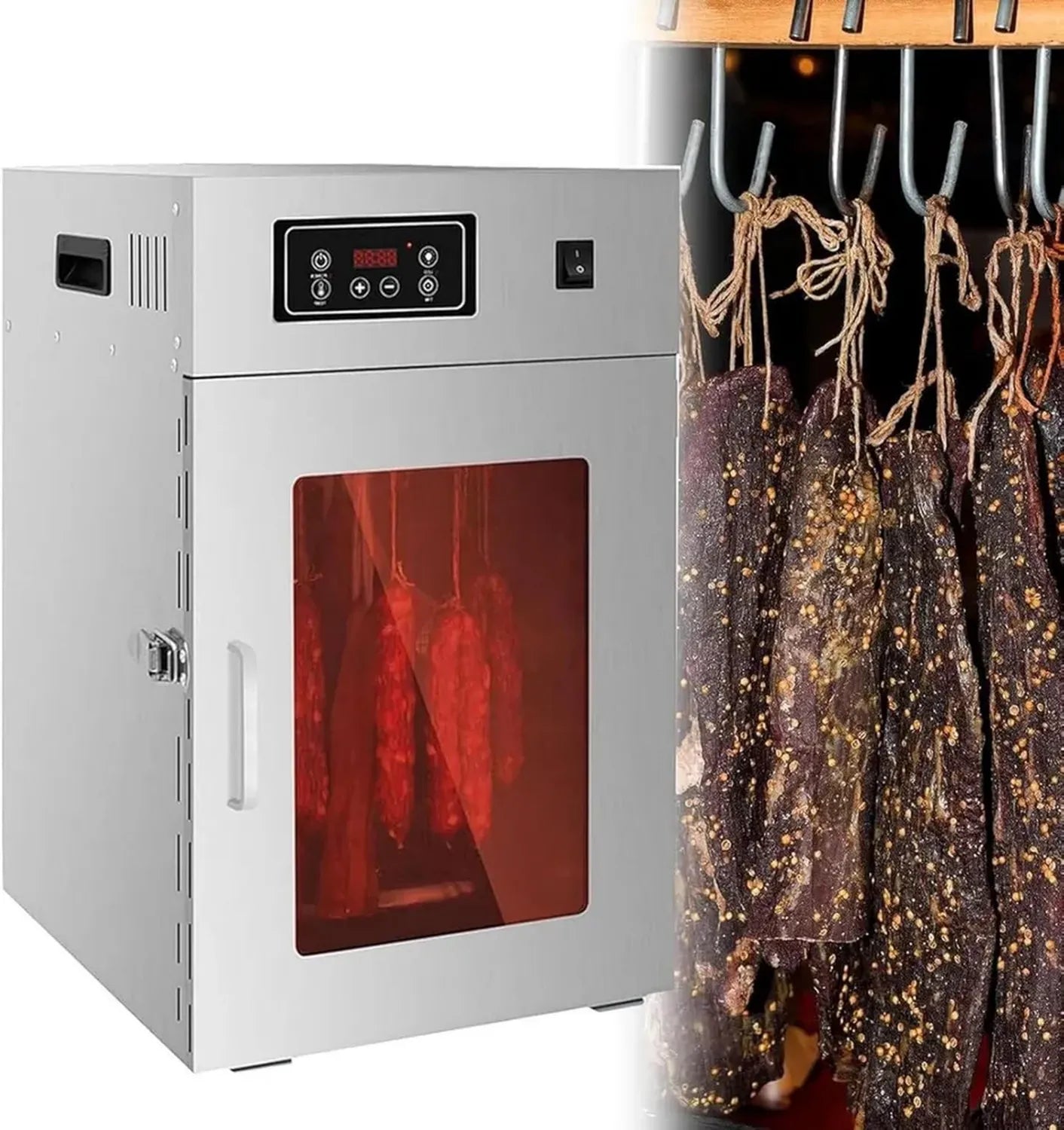 Hochwertiger Edelstahl-Dörrautomat mit LED-Steuerung und Aufhängehaken zum Trocknen von Fleisch und Biltong