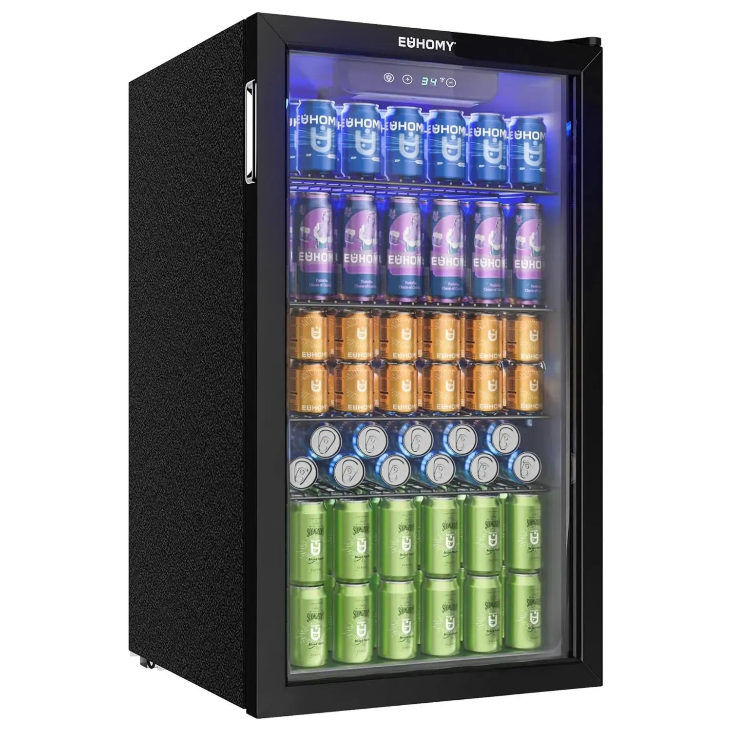 EUHOMY Getränkekühlschrank 90L mit Glastür, Mini-Kühlschrank für 126 Dosen, verstellbare Regale für Zuhause, Büro oder Bar, Schwarz Edelstahl