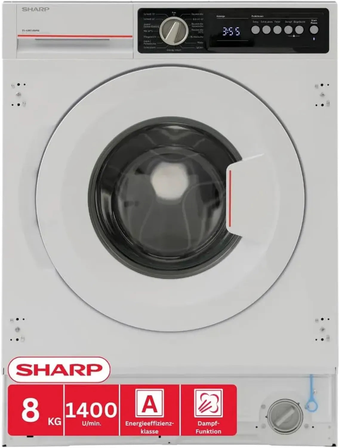 Sharp Einbau-Waschmaschine 8 kg, 1400 U/min, Inverter Motor, Dampffunktion, AquaStop, 15 Programme, Weiß