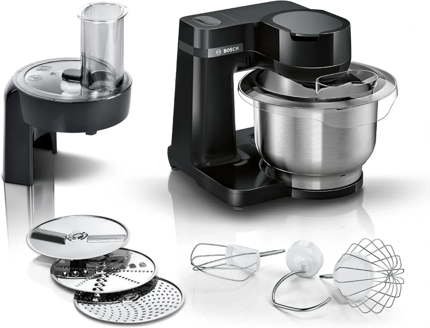 Bosch Kompakt Küchenmaschine Serie 2, 3,8L Edelstahlschüssel, 700W, Planetenrührwerk, Zubehör: Knethaken, Schneebesen, Gemüsehobel, Schwarz, MUMS2EB01