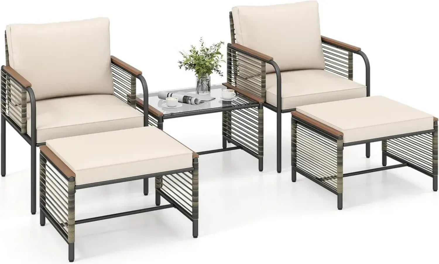 COSTWAY Rattan Sitzgruppe für Garten & Balkon, 2 Sessel mit Kissen, Hocker und Tisch, Terrassenmöbel Set in Beige