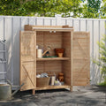 Holzgartenschrank mit Pflanztisch und Gerätekammer, Doppeltüren, Seitenhaken und verstellbarem Regal, für Garten und Terrasse, 64 x 40 x 95 cm, Naturholz