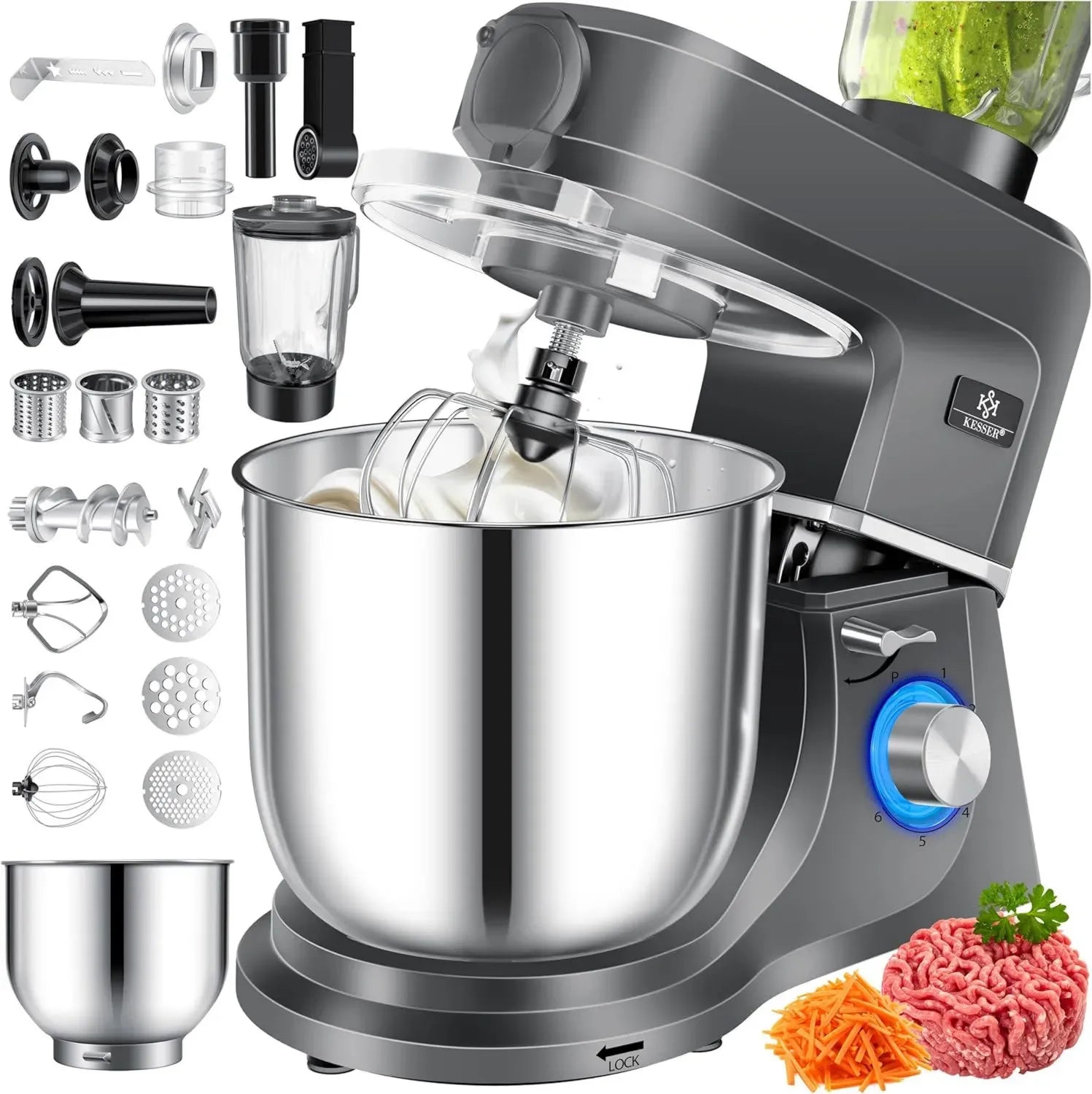 KESSER® Multifunktionale Küchenmaschine 3-in-1 mit Fleischwolf und Entsafter, 5,5L Rührschüssel, Zubehör für Pasta und Gebäck