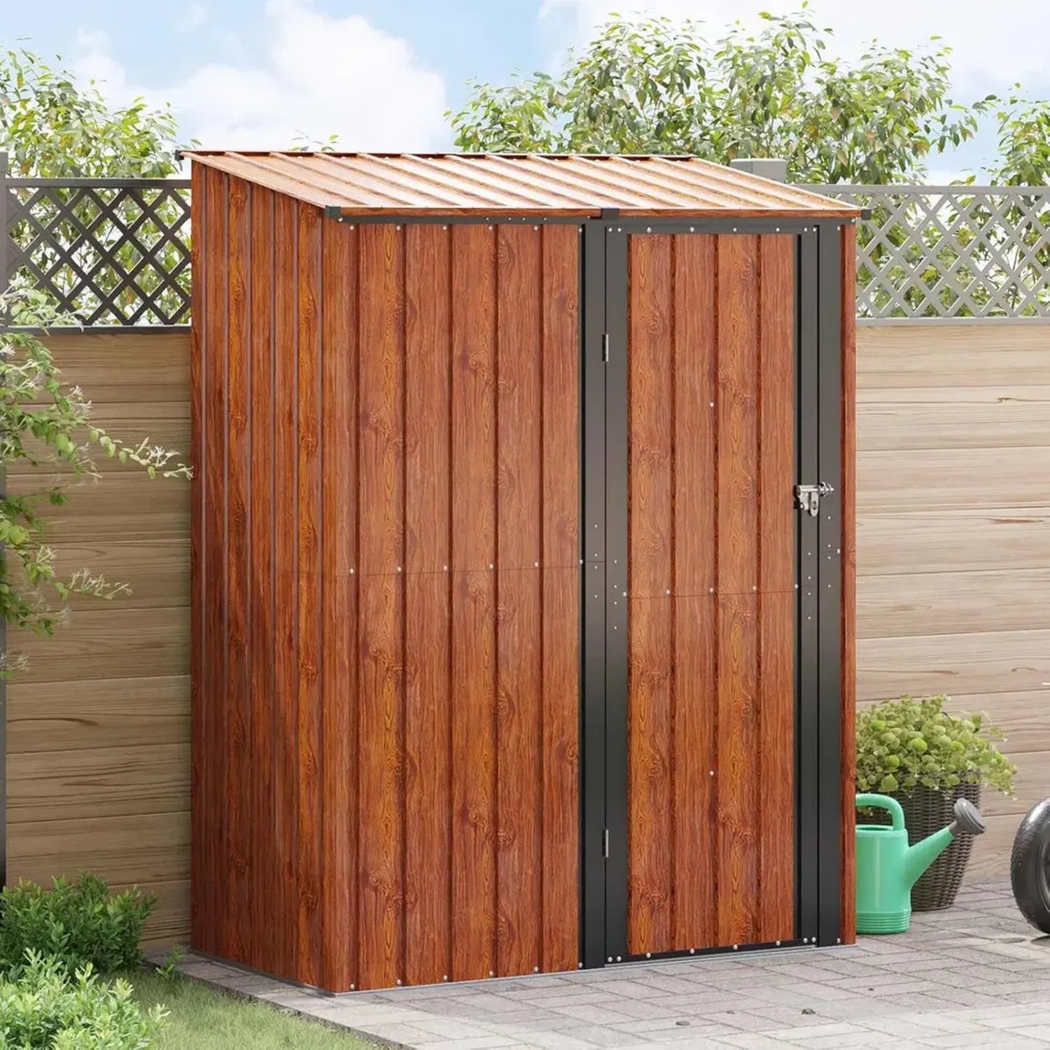 Robuste Metall-Gerätehütte für den Garten, Braun, 153,5 x 86 x 200 cm, Wetterfest und Rostfrei, Mit Sicherheitsschloss