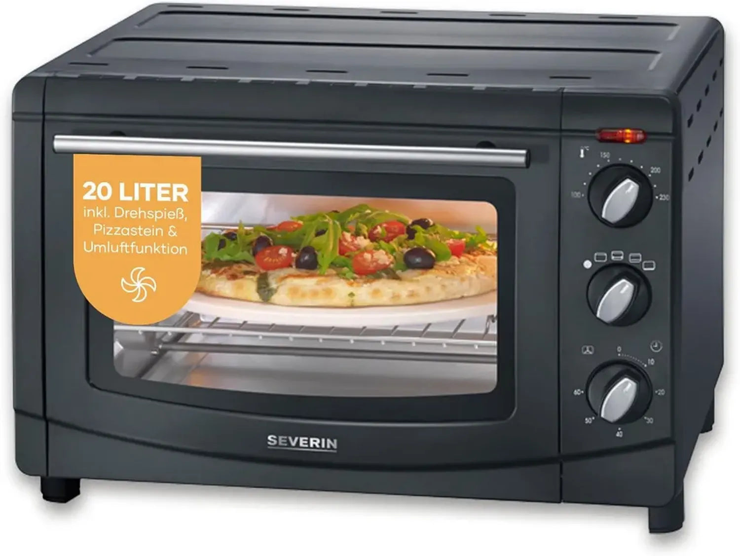 SEVERIN Umluft-Ofen 20L mit Grill, Backblech & Pizzastein, 1500W, schwarz