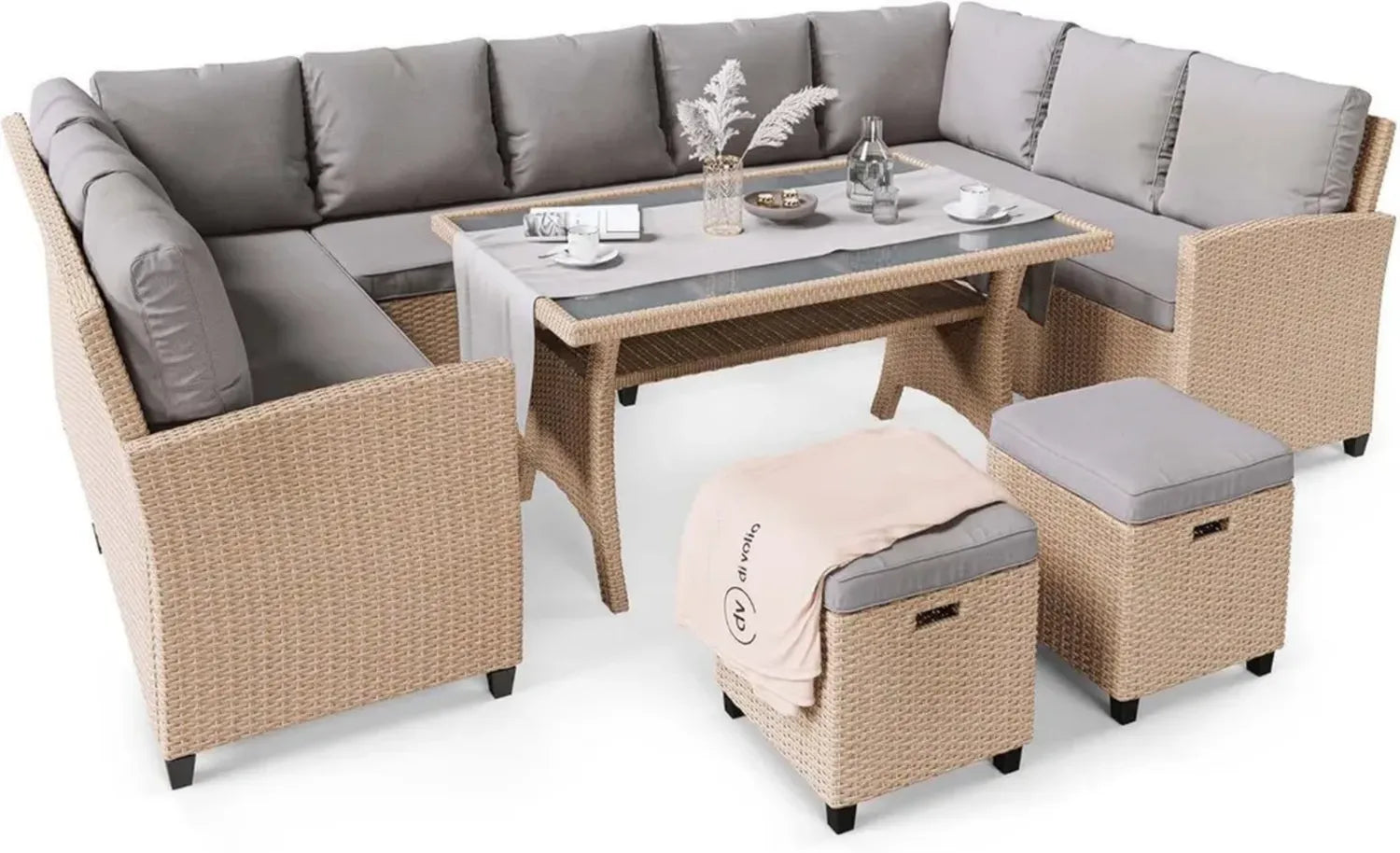 di volio Garten-Lounge-Set Livorno aus Polyrattan mit Ecksofa, Tisch und Hockern, inklusive Fleecedecke in Beige