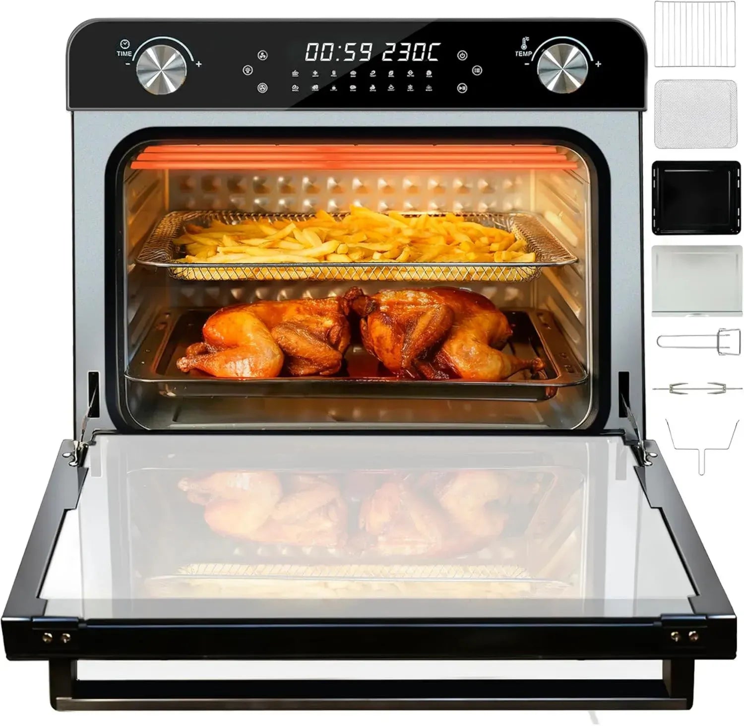 XXL Heißluftfritteuse mit Rotisserie 36L – 16-in-1 Multifunktions-Tischofen mit LED-Display und 7 Zubehörteilen