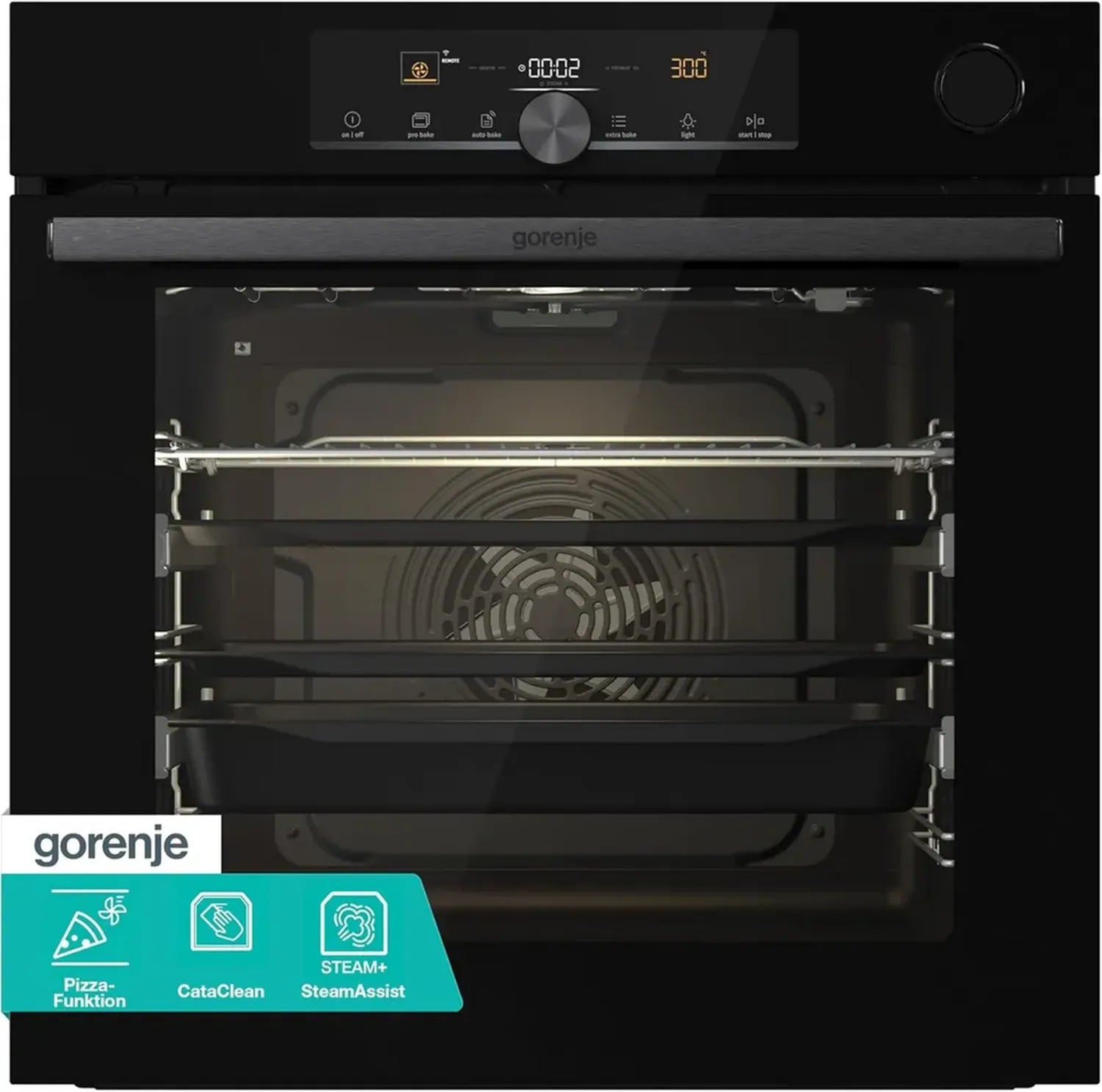 Gorenje OptiBake Einbauofen BSA 6747 A04BGWI, 77L, Heißluft, WLAN, AutoBake, Touch, Teleskopschiene, SteamAssist, PizzaModus 300°C, Schwarz