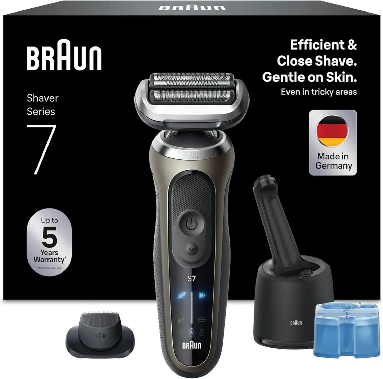 Braun Series 7 Herren Elektrorasierer, Kabelloser Nass- & Trockenrasierer mit 4in1 Reinigungsstation, 60 Min. Akku, Wasserdicht, Gold