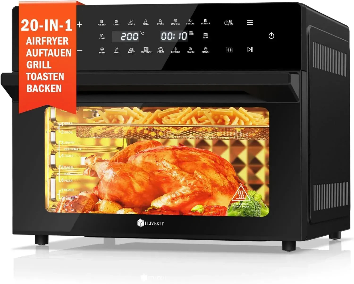 XXL Heißluftfritteuse 30L mit 20 Programmen, Mini-Ofen mit LED-Touchscreen und Sichtfenster, Ölfreier Airfryer mit Rezeptbuch, Doppelter Kochmodus, Temperaturbereich 80-230°C