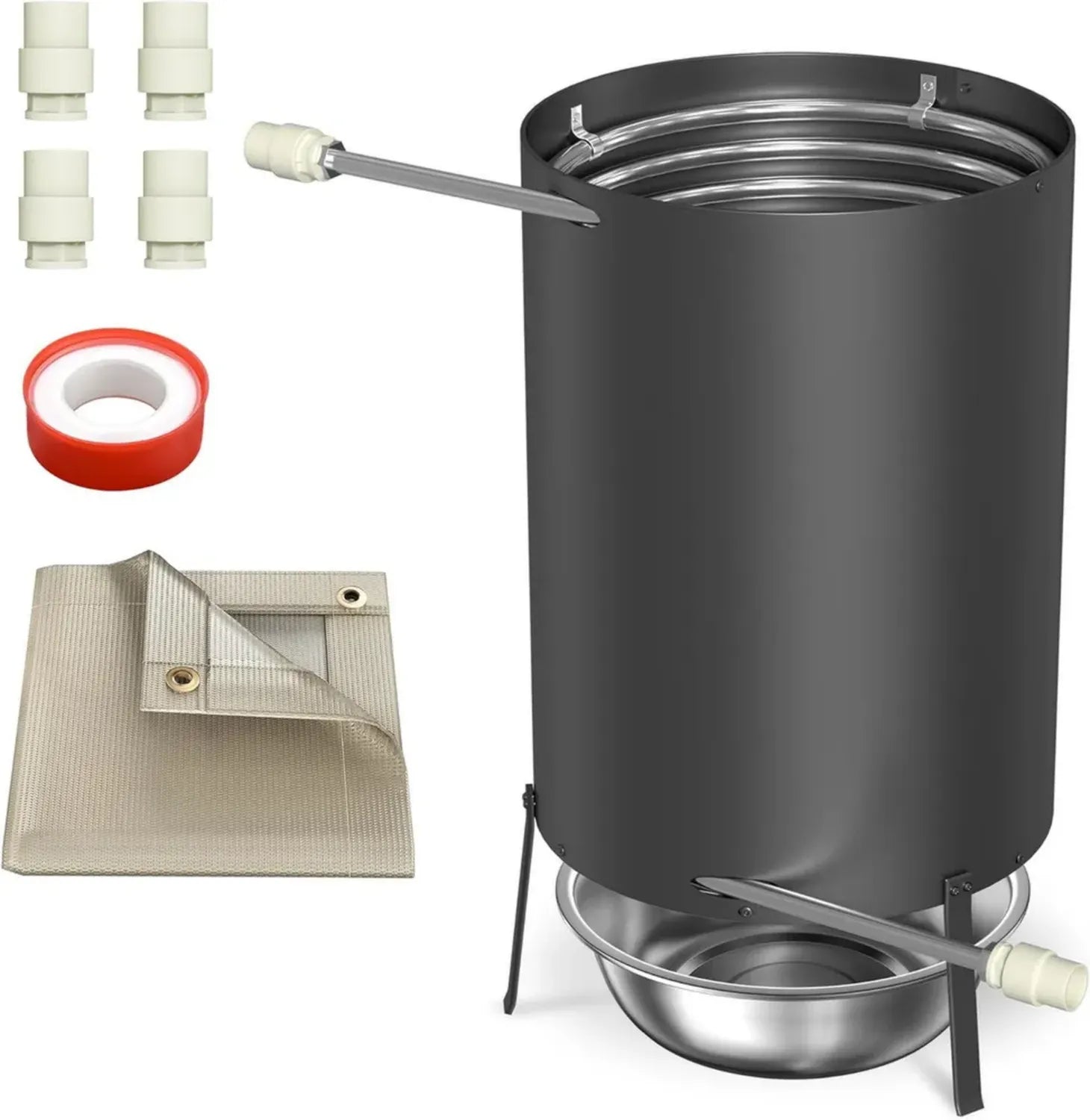 Schwarze Feuerschale mit Heizspirale und Ascheauffangwanne für Pool und Gartendusche