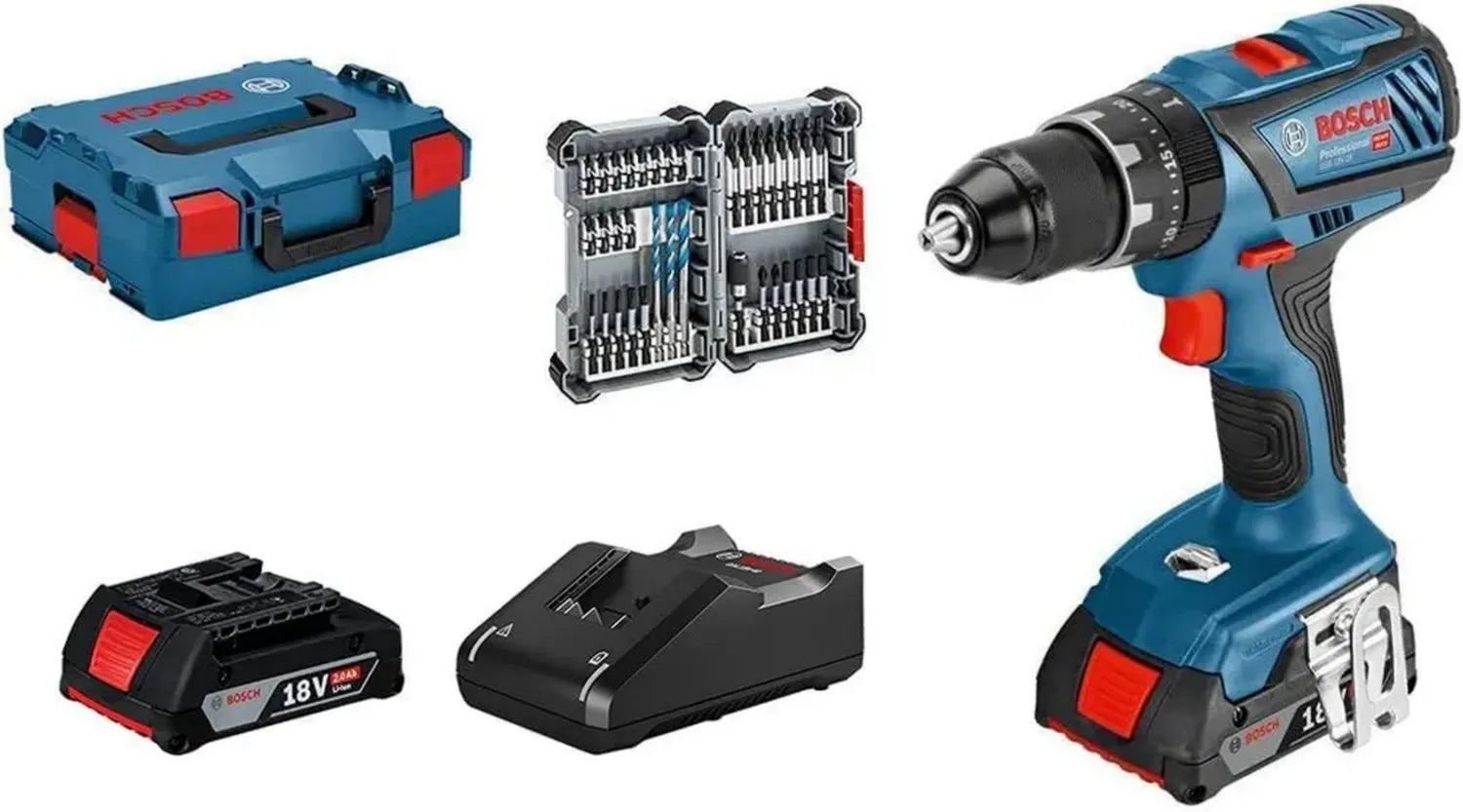 Bosch Professional Akku-Schlagbohrschrauber GSB 18V-28 Set mit 2x 2.0Ah Akkus, Schnellladegerät und Zubehör