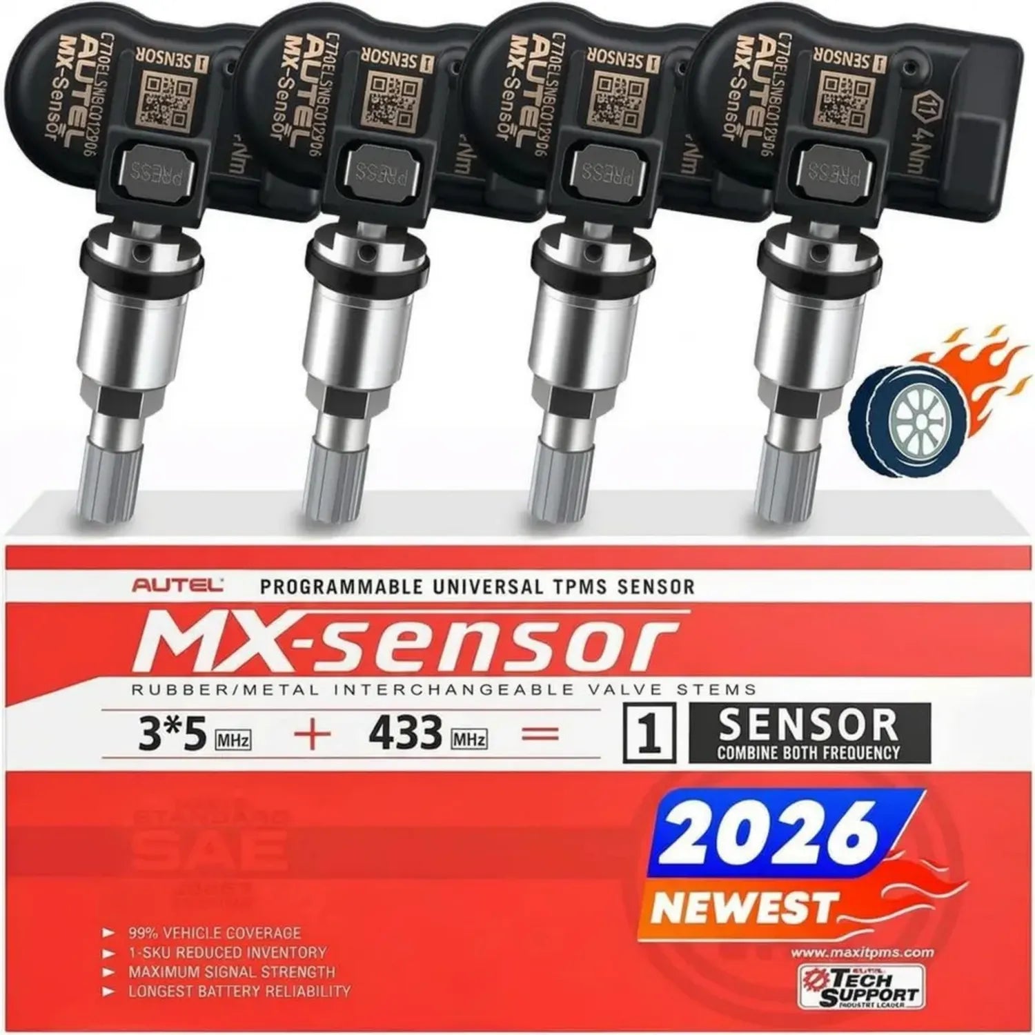 Autel 2-in-1 RDKS Sensor MX-Sensor: Dualfrequenz TPMS für 99% der Fahrzeuge, kompatibel mit TS408S, TS501Pro, TS508WF, TS601, programmierbar & klonbar, Metallventil, 4er-Set