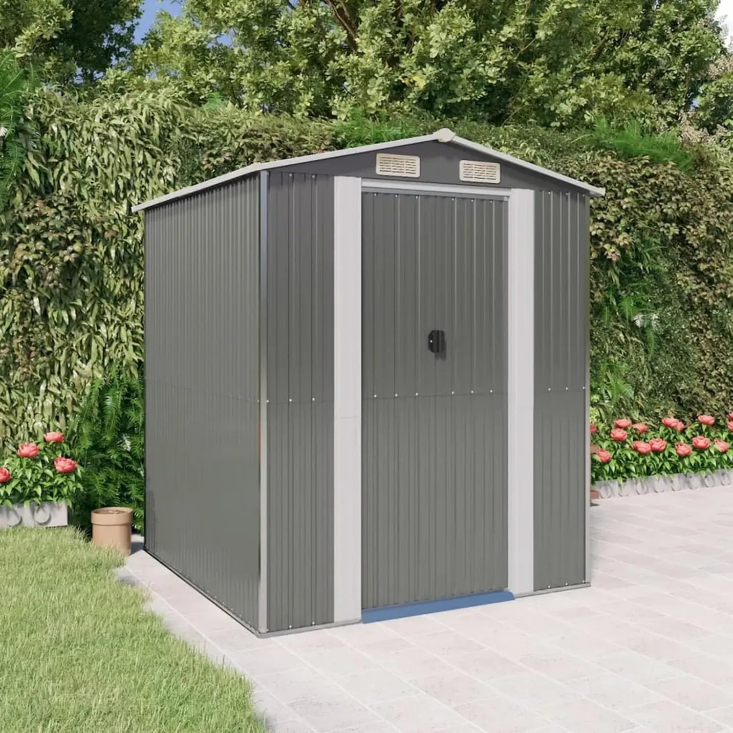Gecheer Metall-Geräteschuppen aus verzinktem Stahl, hellgrau, 192x191x223 cm, wetterfestes Gartenhaus mit Stauraum