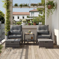 Amopatio Gartenmöbel Set aus Polyrattan, 5-teilig, mit Glastisch und 2 Hockern, Wetterfest, für Garten, Terrasse und Balkon, Grau
