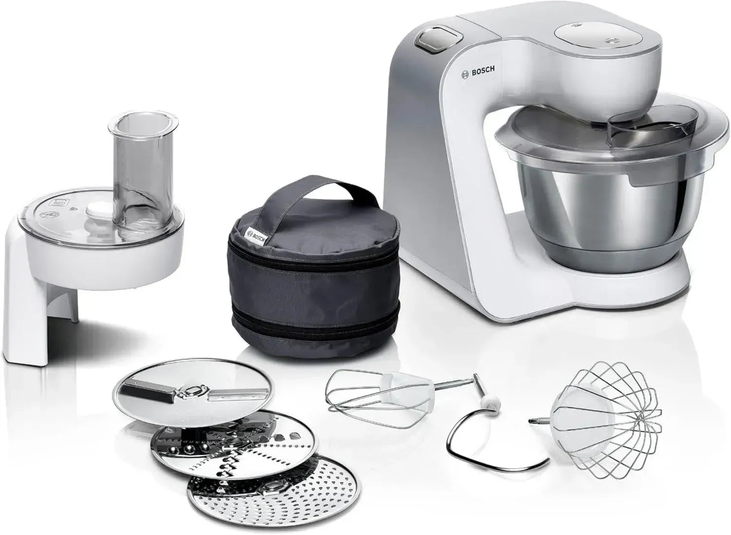 Bosch Küchenmaschine Serie 4, 1000W, 3,9L Edelstahl-Schüssel, Patisserie-Set, Weiß/Silber