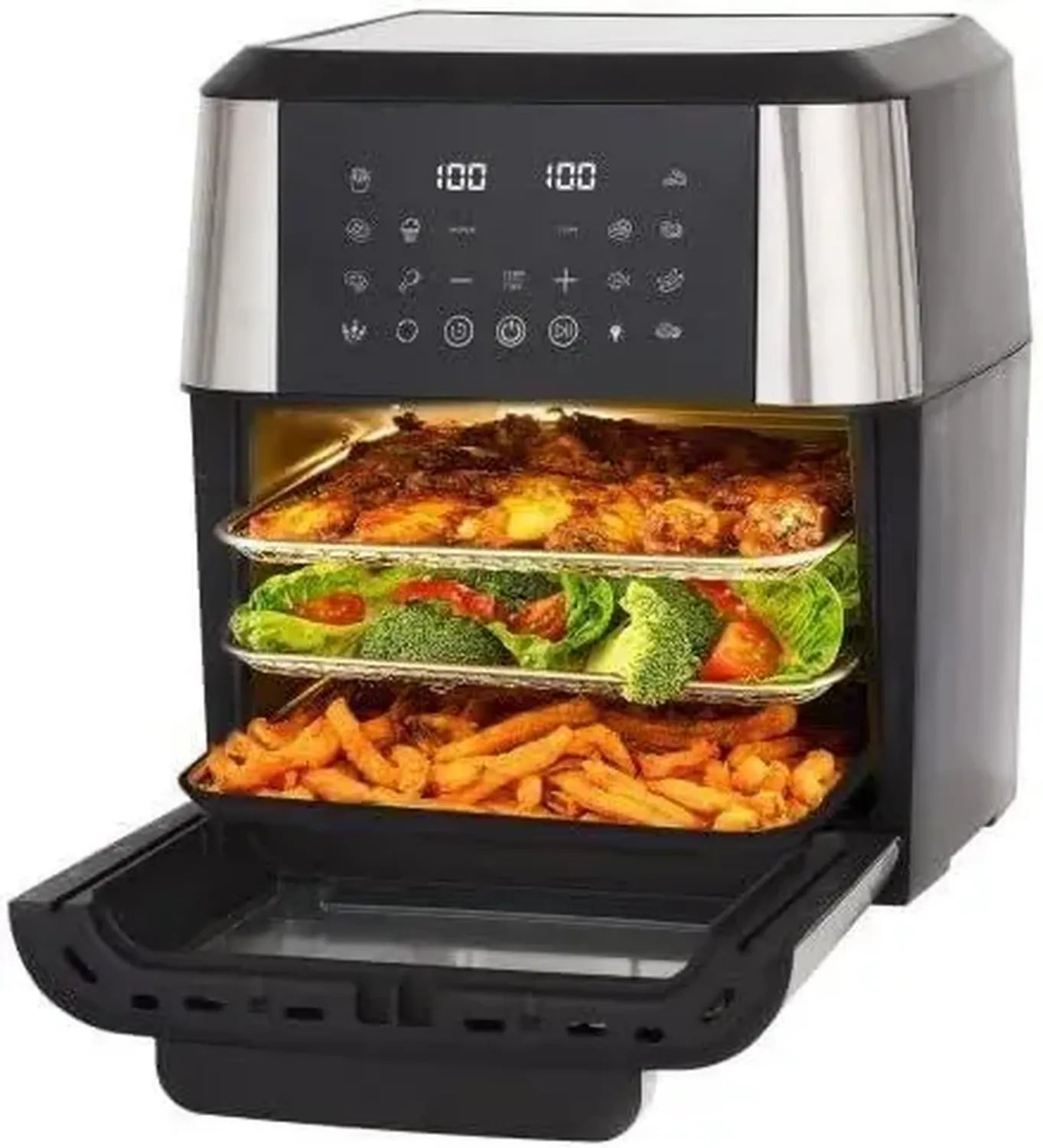 Heißluftfritteuse XXL 12L mit Rotisserie, Großraumöfen-Funktion, LED-Touchscreen, 360° Umlufttechnik, Inklusive Grillspieße und Zubehör, Gesunde & Energieeffiziente Zubereitung für Großfamilien, Schwarz