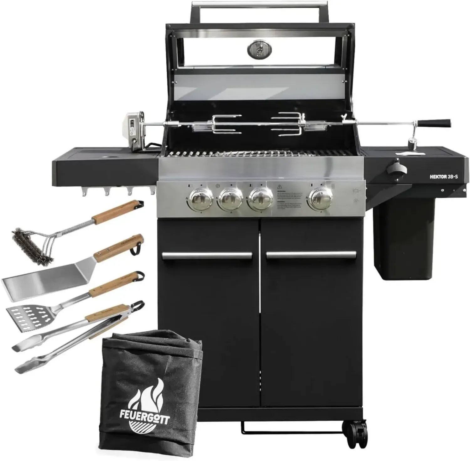 Premium Gasgrill Hektor 3B-S mit Drehspieß und Abdeckhaube - Komplette Ausstattung inklusive 4 Grillzubehör, Sear-Brenner und Seitenkocher für Garten und Terrasse