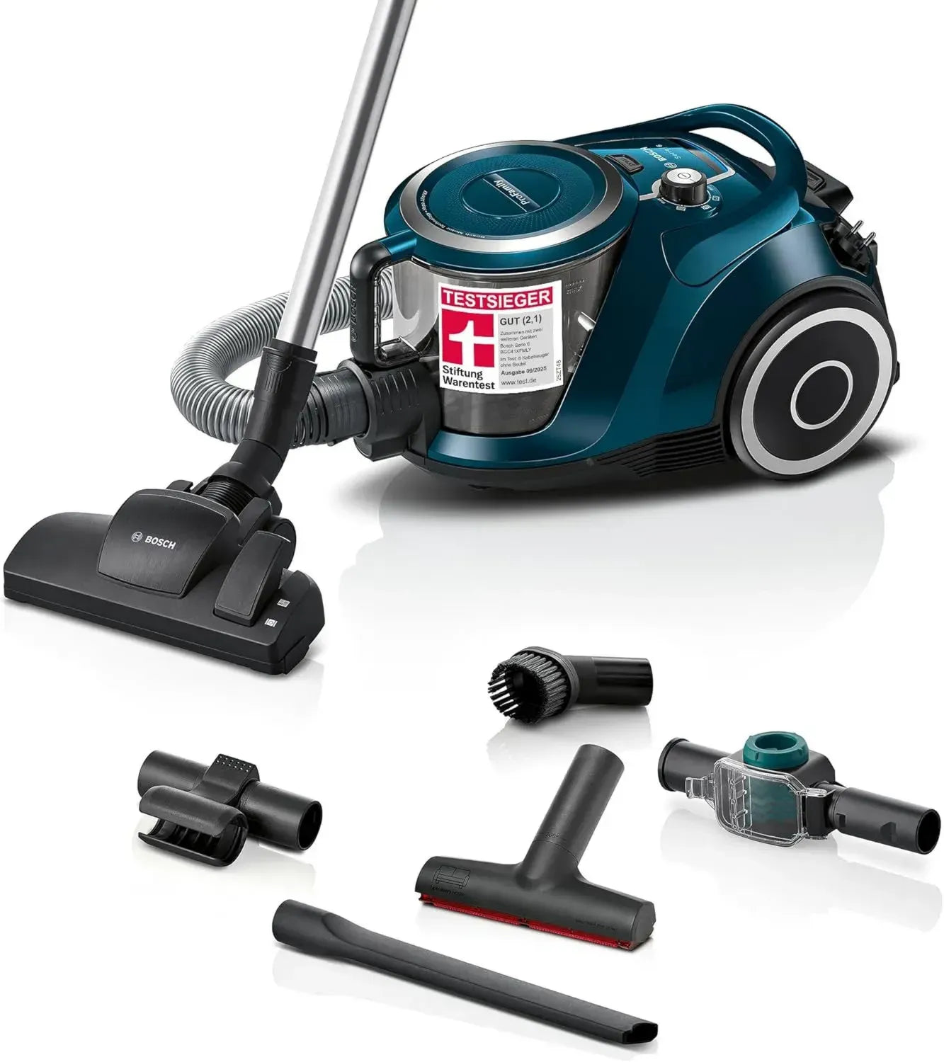 Bosch beutelloser Staubsauger Serie 6 ProFamily, allergikerfreundlich, mit Hygiene-Filter, 10 Jahre Motorgarantie, großes Zubehörset, leise und kraftvoll, 750 W, blau