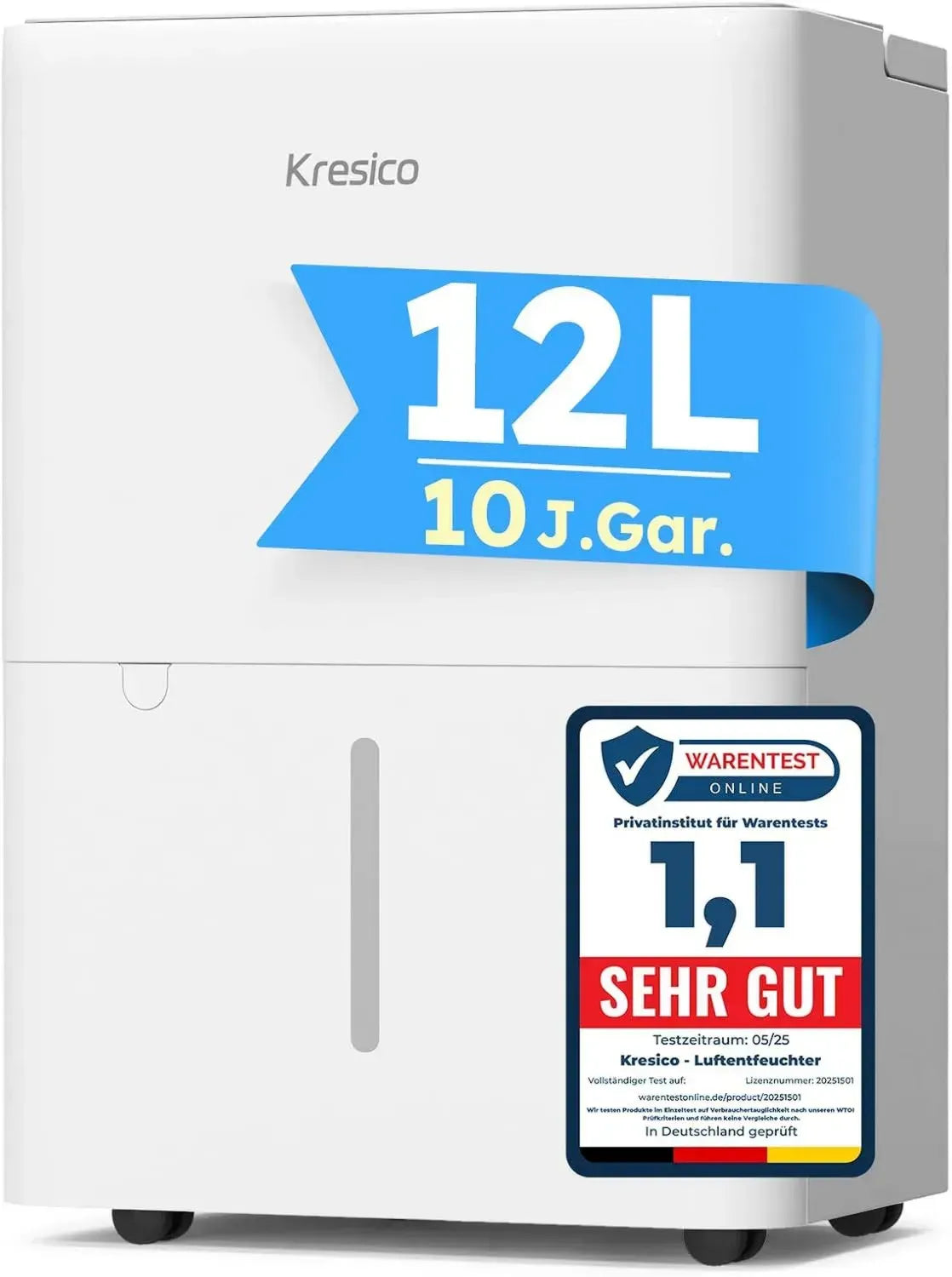 Elektrischer Luftentfeuchter 12L für große Räume bis 122m³/25m², leise 35dB, mit Ablaufschlauch, Filter und Timer, 10 Jahre Garantie