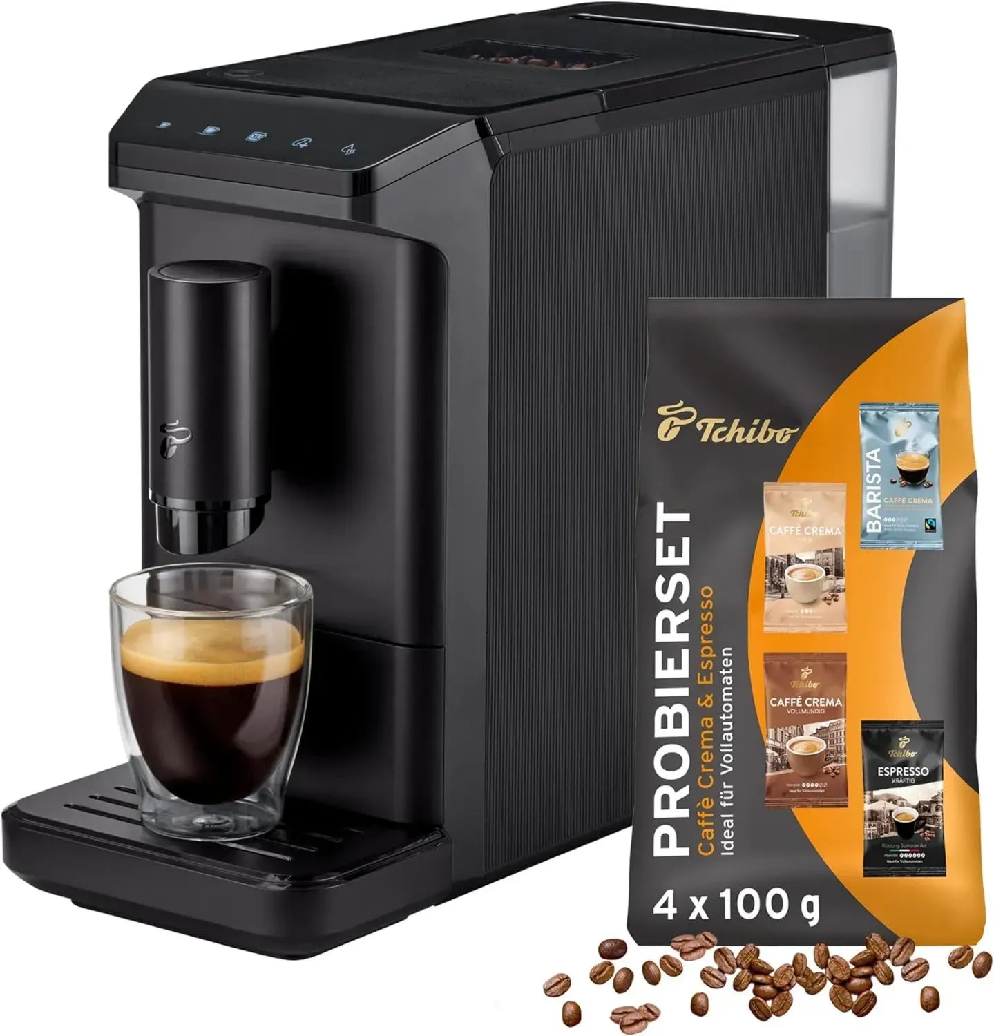 Kompakte Tchibo Kaffeevollautomat für Espresso & Caffè Crema, 16cm Breite, ideal für kleine Küchen und Unterwegs, Schwarz mit gratis Kaffeeset