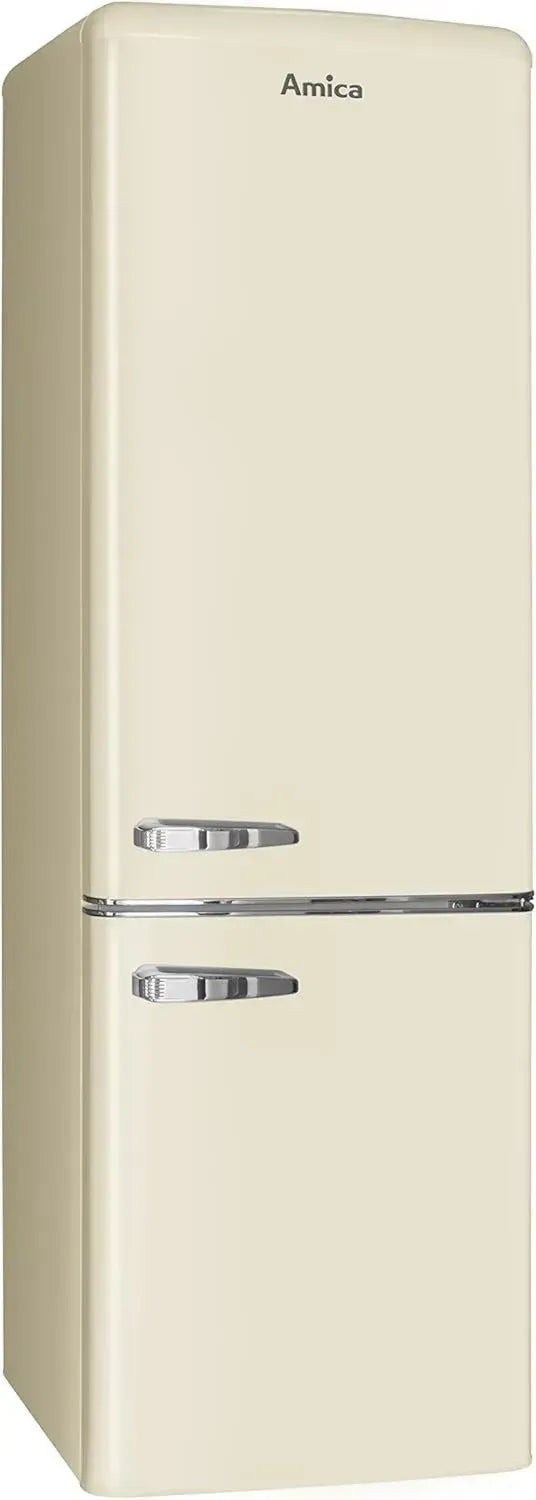 Retro Kühl- und Gefrierkombination, 244 l, freistehend, LED, Glasablagen, Chrom-Flaschengitter, Beige, 181x55x62 cm