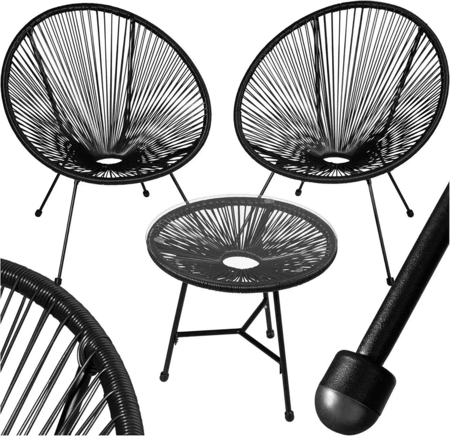 Moderner Tectake® Acapulco Stuhlset mit Beistelltisch, Retro Design für Garten und Balkon, Schwarz