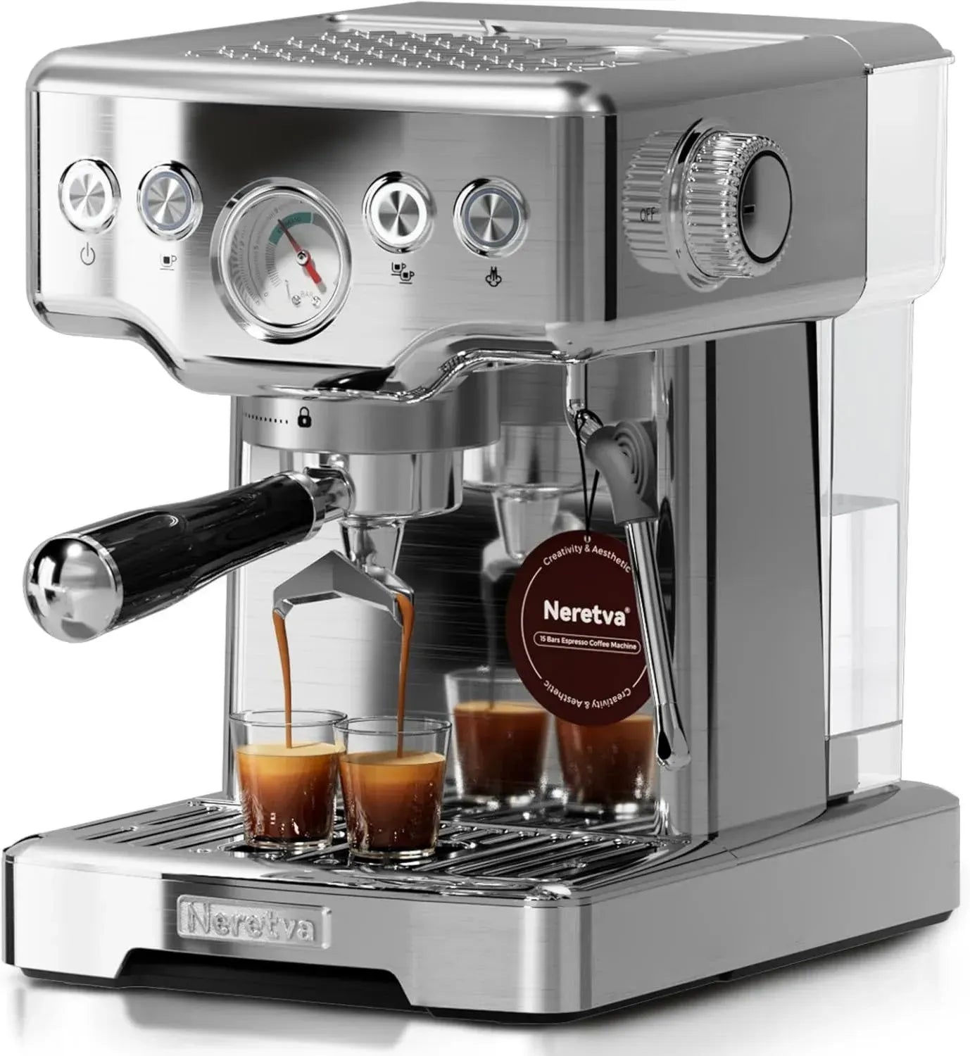 Neretva Espresso-Siebträgermaschine 15 Bar, Edelstahl, mit starkem Milchaufschäumer und Manometer, 1,8L Wassertank, Barista-Set inklusive