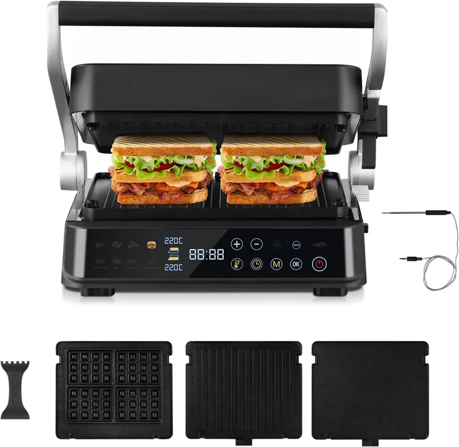 AMZCHEF 6-in-1 Gesundheitsgrill mit 180° verstellbaren Platten, GrillBoost-Funktion bis 280°C – Indoor-Grill, 4 antihaftbeschichtete Platten für Steaks und mehr – 2000W, spülmaschinenfest
