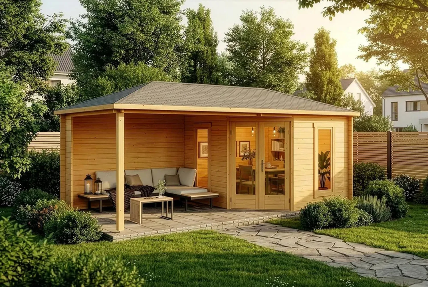 Gartenhaus Liwa 5-Eck aus imprägnierter Kiefer, 28 mm Wände, Walmdach, Größe 595 x 300 cm