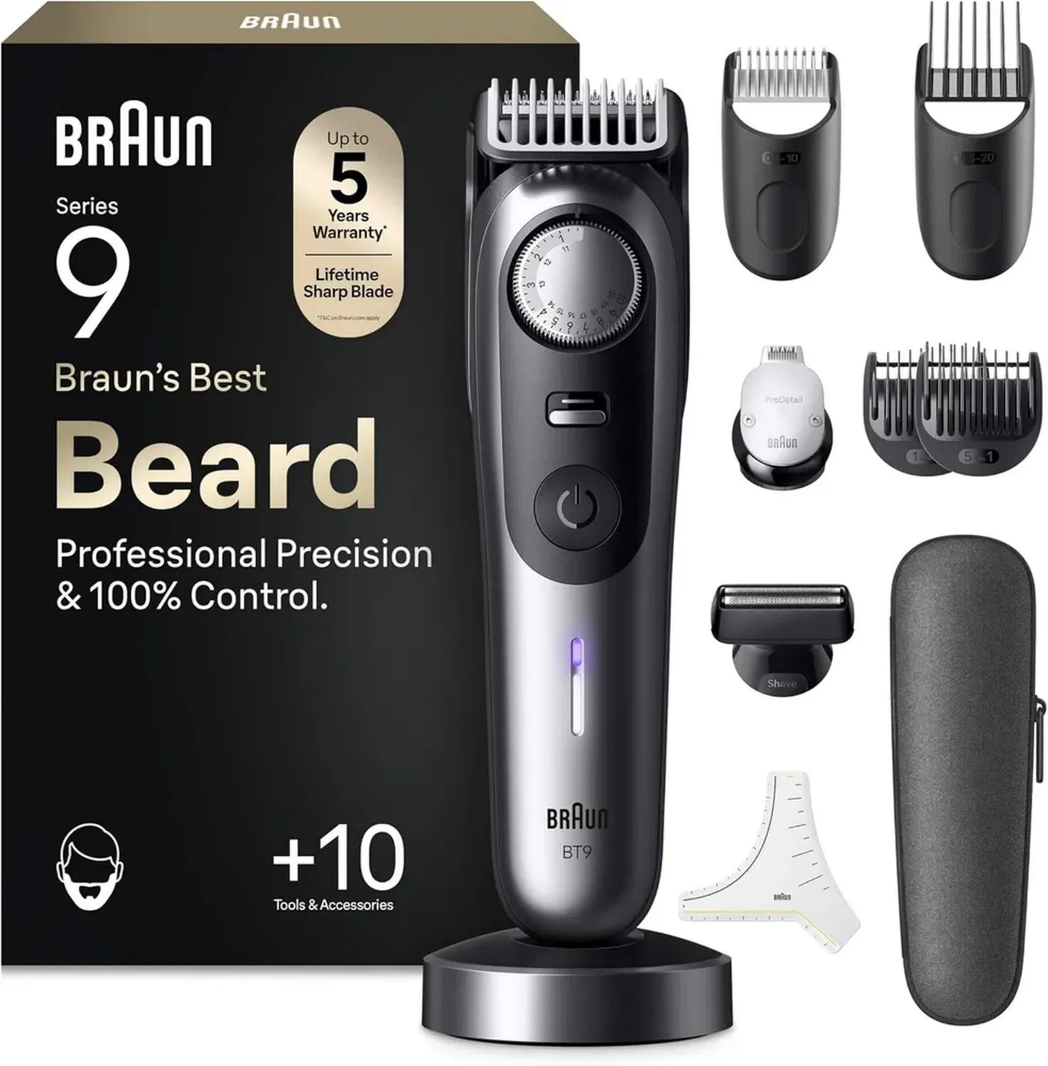 Braun Series 9 Barttrimmer, Präzisions-Bartschneider mit 10 Aufsätzen, Langlebige Klinge, 180 Min Akkulaufzeit, Kabellos, 52 Schnittlängen, Wasserdicht, Modell BT9545, Chrom-Design