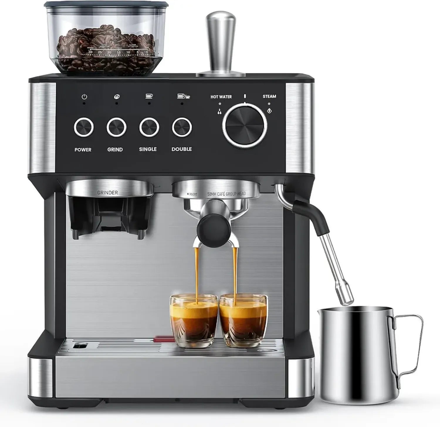 COWSAR Espresso-Kaffeemaschine mit integriertem Mahlwerk, Milchaufschäumer und 15 Bar Druck, schnelle Aufheizung, ideal für Cafés, Restaurants und Büros