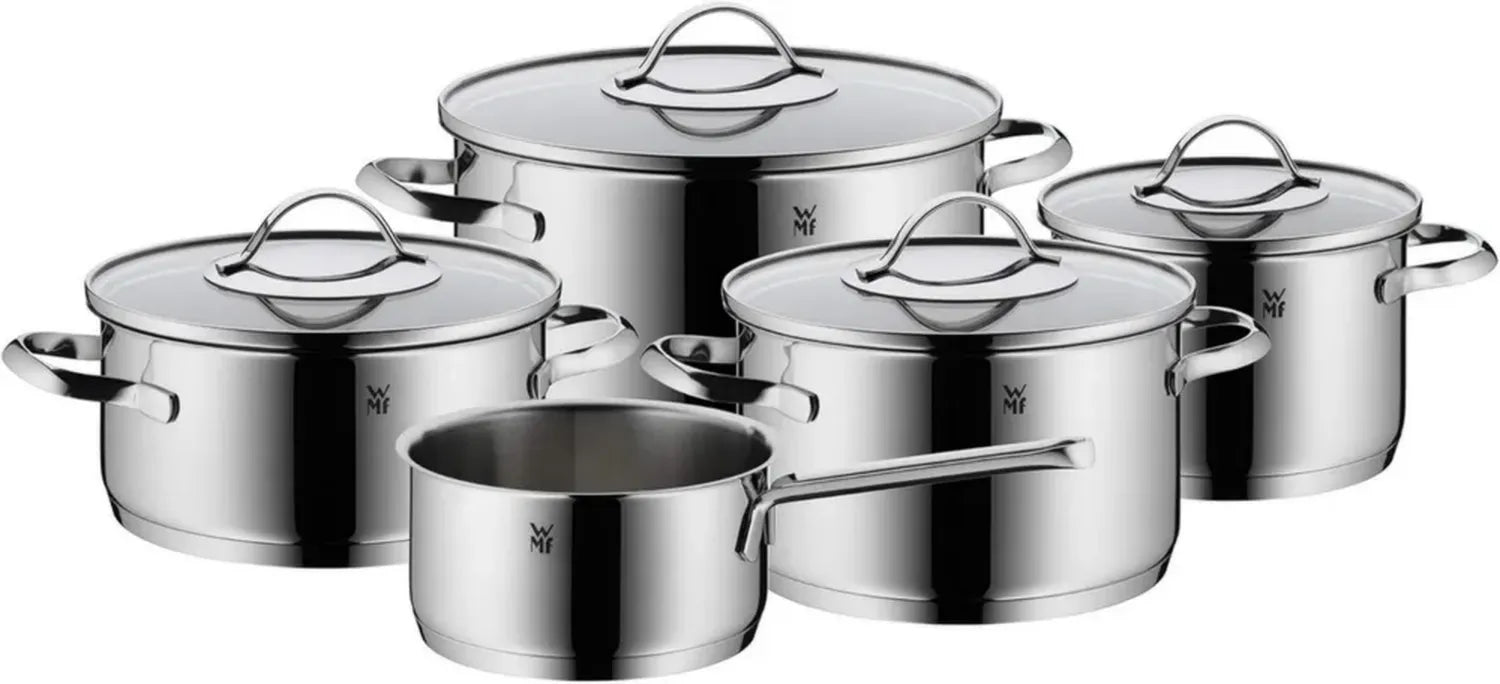 WMF Aparto 5-teiliges Induktions-Topfset, polierter Edelstahl, inklusive Glasdeckel, geeignet für alle Herdarten, spülmaschinenfest