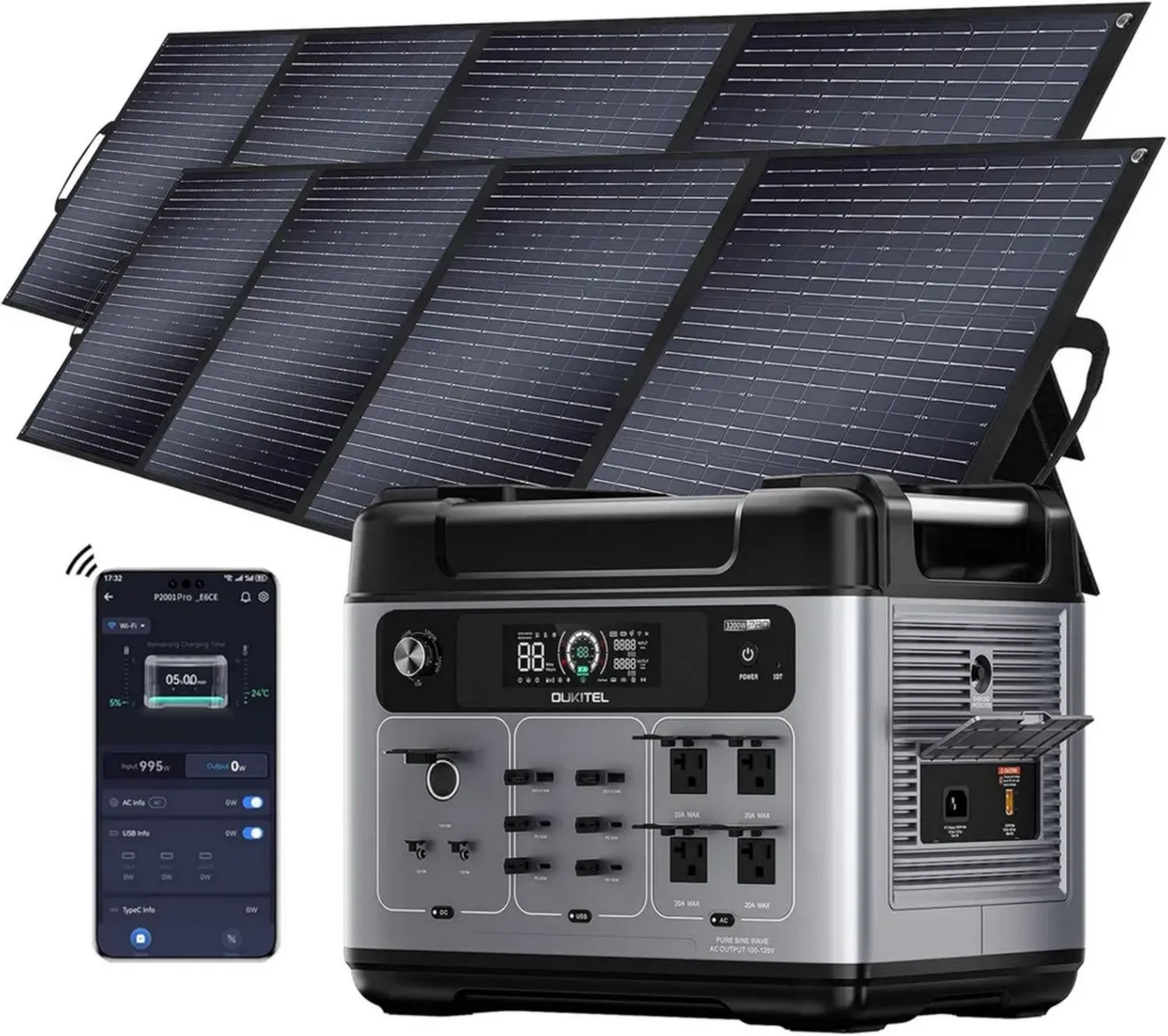 Oukitel 3200W Solar Generator mit 2x200W Panels, 2048Wh Tragbare Powerstation, LiFePO4 Akku, Schnelle 1 Std Ladung, Ideal für Camping & Notfälle
