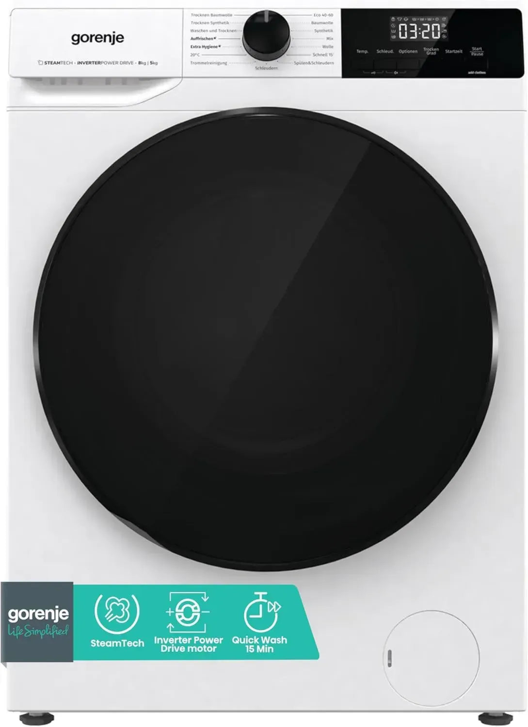Gorenje WDAM 854 AP Waschmaschine mit Trockner, 8 kg, 1400 U/min, 15 Programme, AquaStop, Inverter Motor, Kindersicherung, Schnell-Trocknung, Weiß