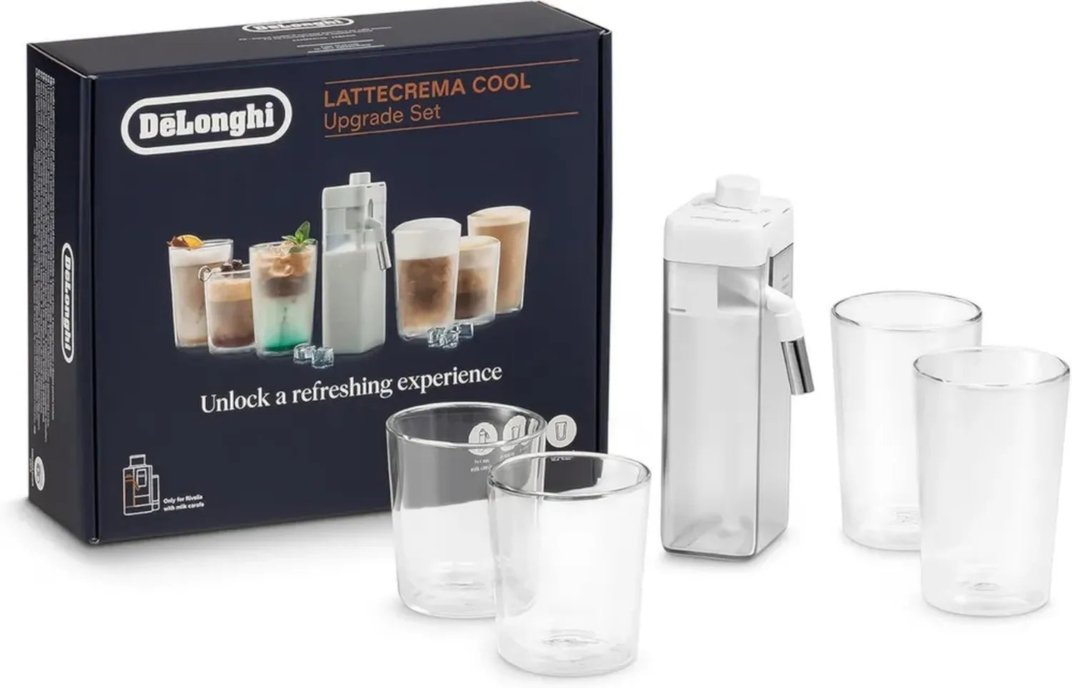 De'Longhi LatteCrema Cool Set für Rivelia & Primadonna mit 6 Kaltgetränke-Rezepten, Milchbehälter & 4 Thermogläser