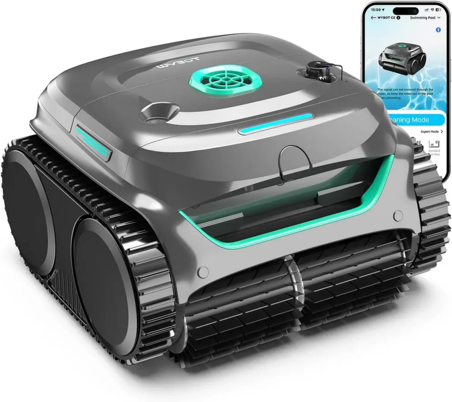 WYBOT C2 Poolroboter mit Akku für Einbaupools bis 150㎡, Doppelfiltration, Dreifachmotor, Starke Saugkraft, Wandkletterfähig, 180 Min Laufzeit, App-Steuerung, Grau-Grün