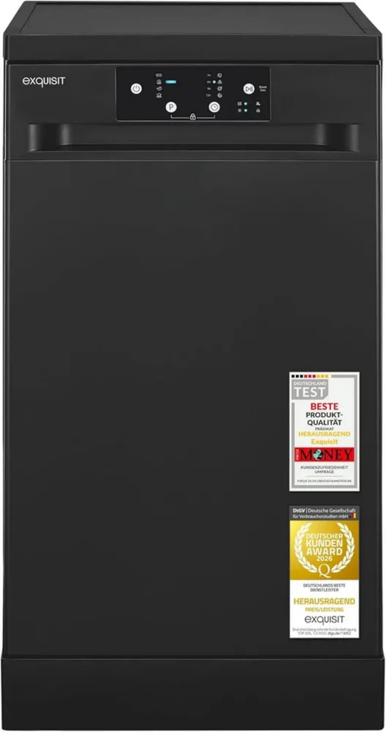 Exquisit Geschirrspüler GSP9109-450D schwarz mit 9 Maßgedecken, Eco-Modus, Startzeitvorwahl und LED-Anzeige