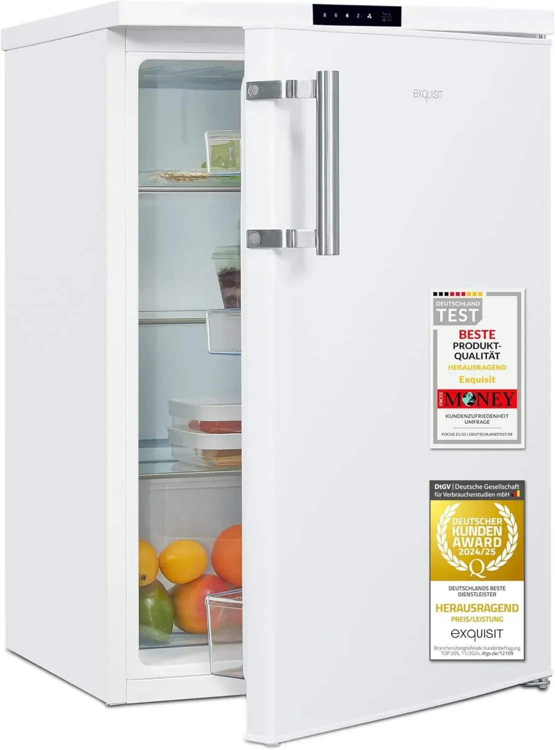 Exquisit Kühlschrank 134L, ohne Gefrierfach, elektronische Steuerung, Schnellkühl-Funktion, Alarm, 55 cm Breite, Modell KS516-V-HE-011D, Weiß