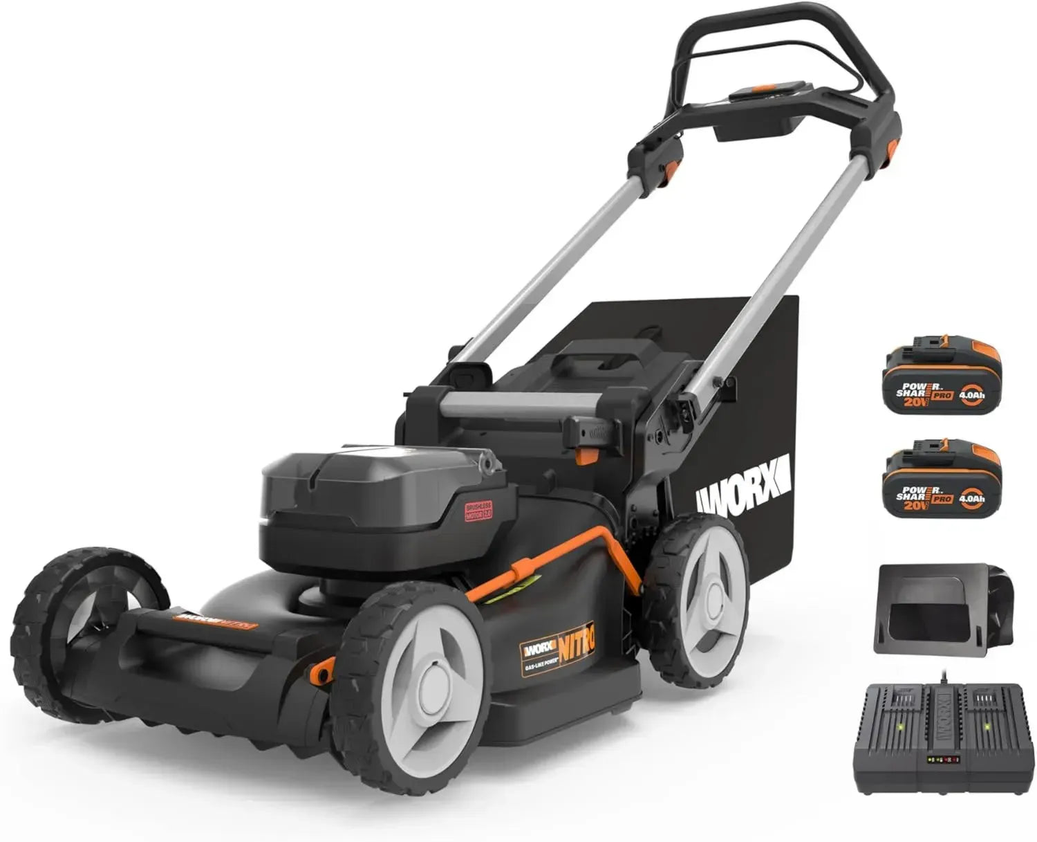 WORX WG748E NITRO Akku-Rasenmäher 40V, bürstenloser Motor, 46cm Schnittbreite, automatische Leistungsanpassung, 7-fache Schnitthöhenverstellung, inkl. 2x 4Ah Akkus & Doppelladegerät