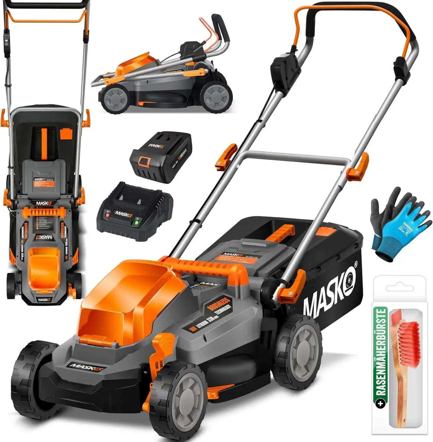 MASKO® Elektrischer Rasenmäher mit Mulchfunktion, 4Ah Akku & Ladegerät, 33cm Schnittbreite, 5-fache Höhenverstellung, 30L Fangkorb für bis zu 150m², inklusive Handschuhe & Reinigungsbürste