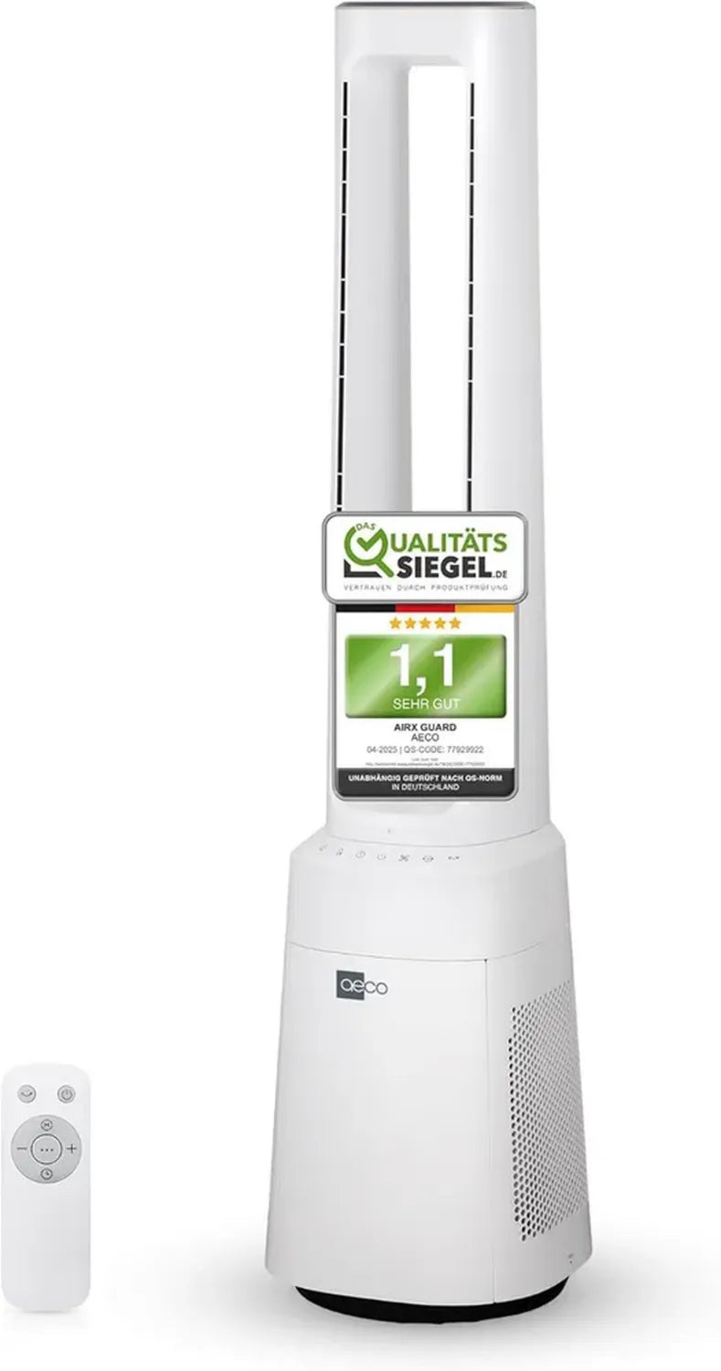 Aeco AirX Guard 2-in-1 Turmventilator mit H13 HEPA Filter, leiser Standventilator ohne Rotor, Fernbedienung, 10 Geschwindigkeiten, 3 Modi, 60° Oszillation, 12h Timer, LED-Anzeige