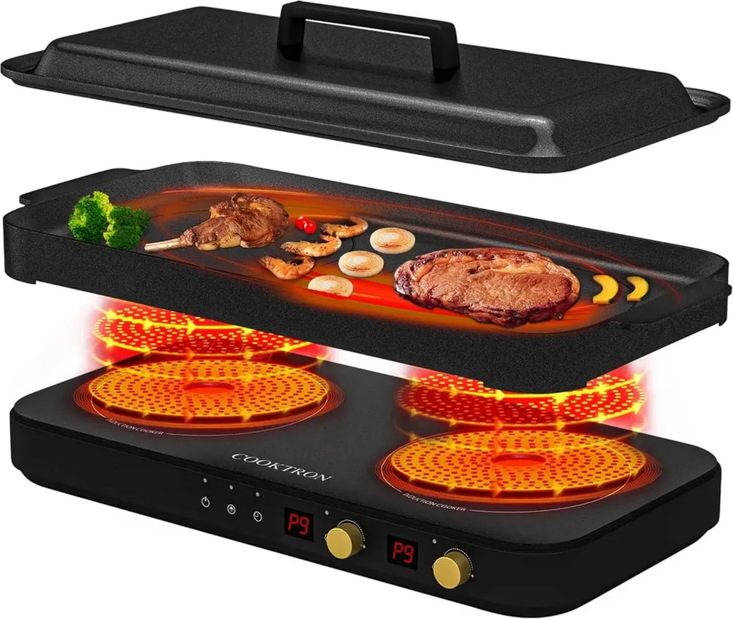 Tragbares Doppel-Induktionskochfeld mit abnehmbarer Grillpfanne, 2800W, Kindersicherung, ideal für Familienfeiern