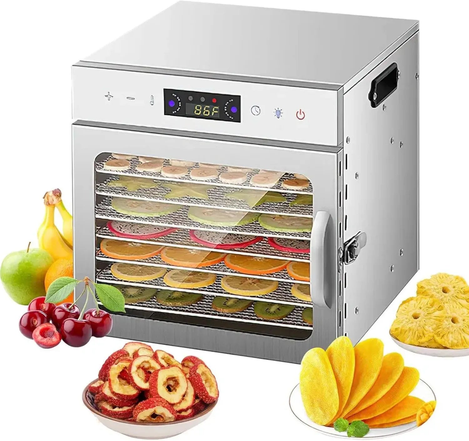 Edelstahl Dörrautomat, 8 Einschübe, 24h Timer, Temperaturregelung 35-95°C, LCD-Anzeige, ideal für Obst, Fleisch, Gemüse