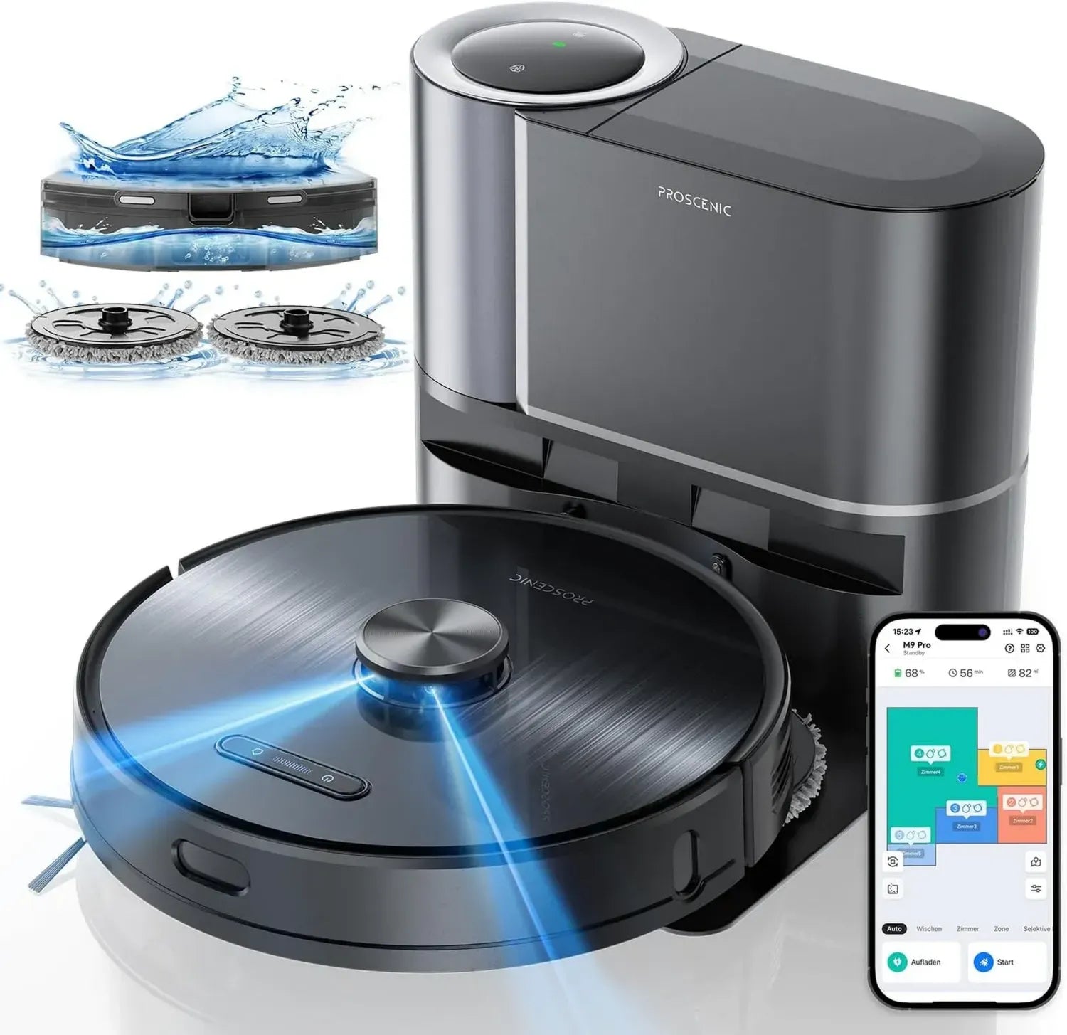Proscenic M9 Pro Saugroboter mit 4500Pa Saugleistung, Absaugstation und Wischfunktion, ideal für Teppiche und Tierhaare, 3D Mapping, WiFi/APP-Steuerung