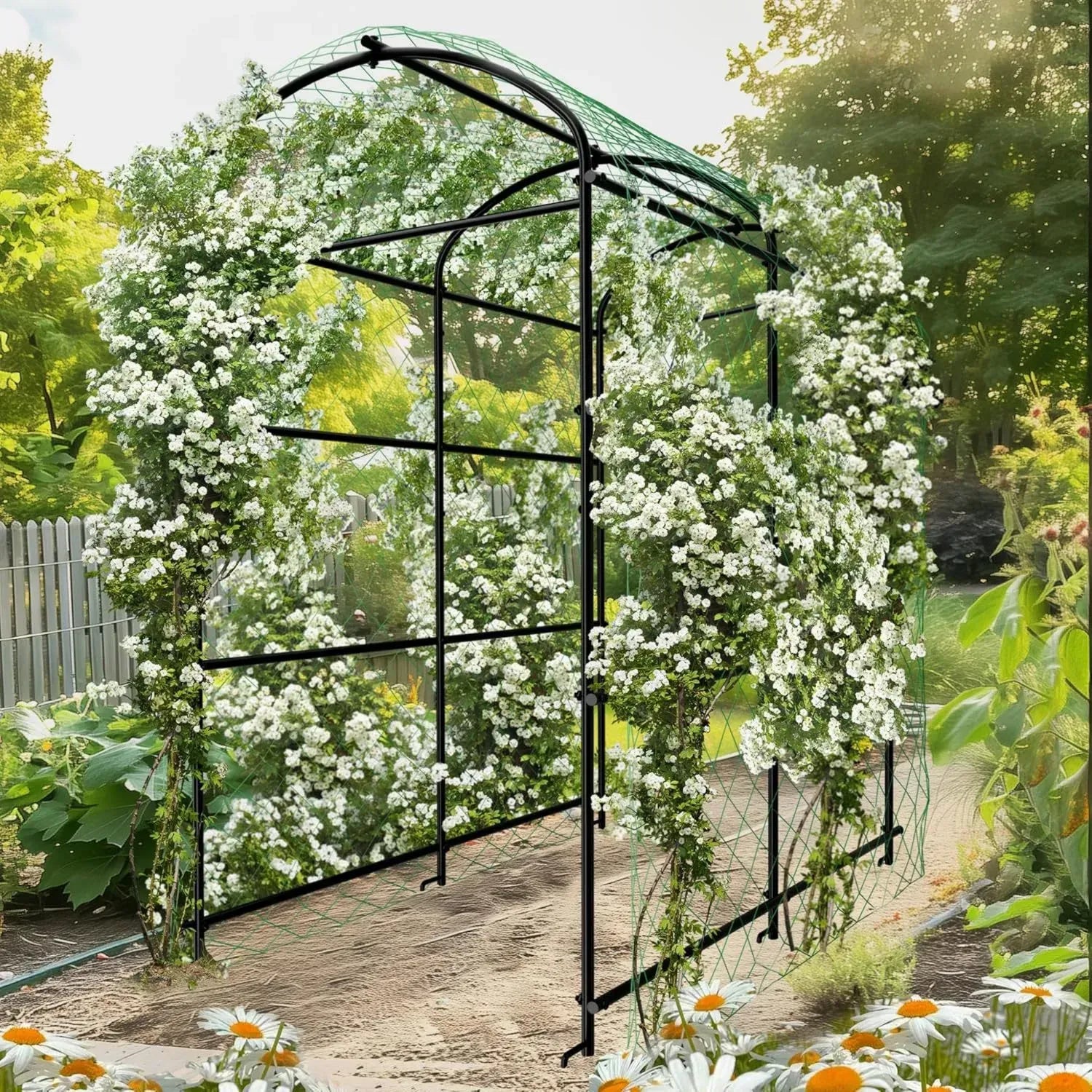 Metall Rankgitter für Kletterpflanzen mit Nylonnetz und Erdspießen, 120x182x222cm