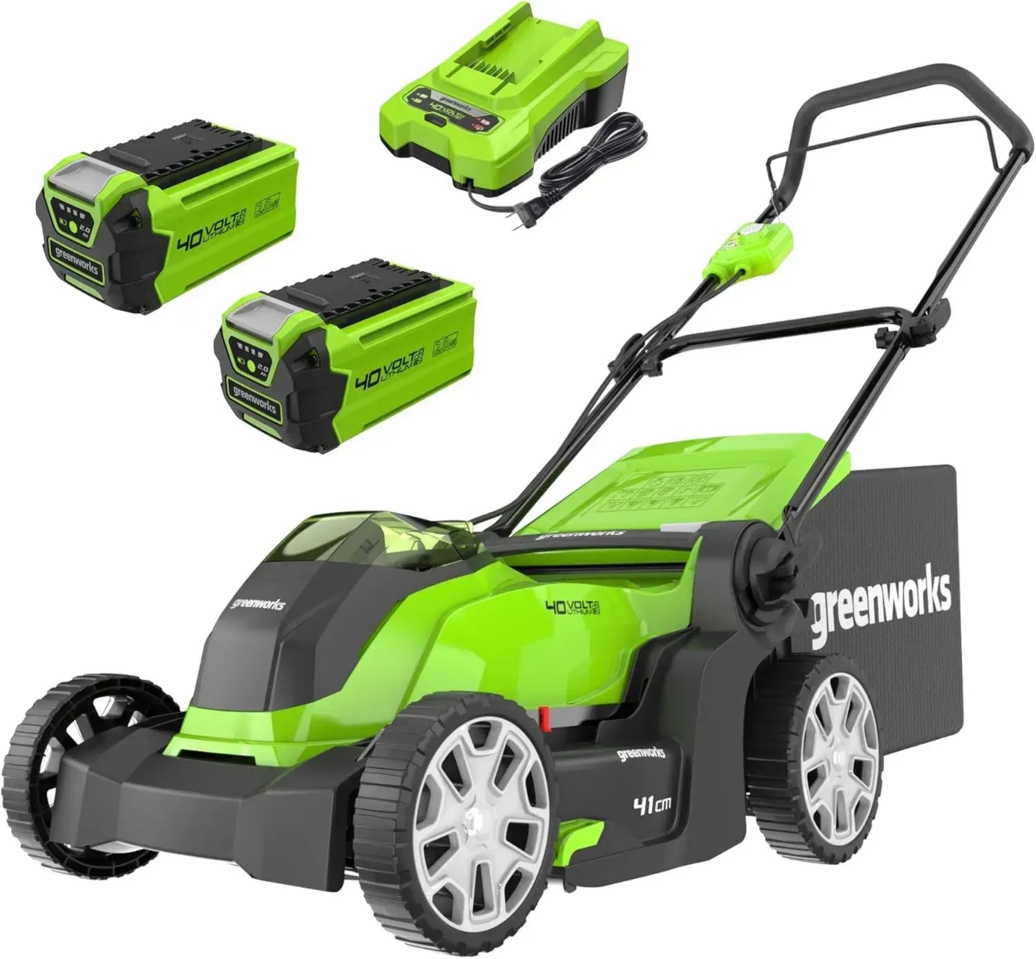 Greenworks 40V Akku-Rasenmäher, 41 cm Schnittbreite, ideal für 500 m² Gärten, inklusive 50L Fangkorb und 2 Akkus mit Ladegerät, 3 Jahre Garantie